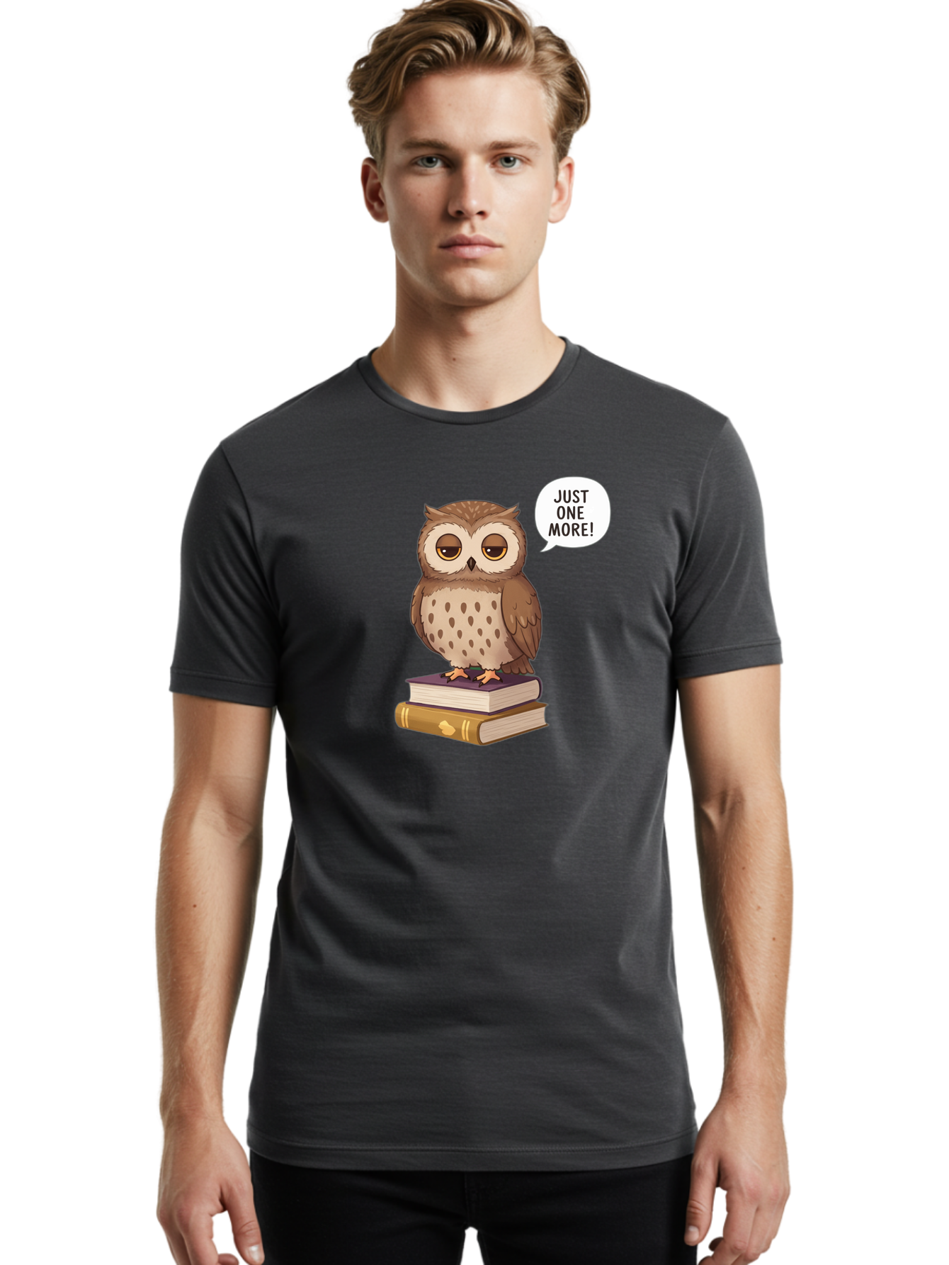 Just-One-More-3 Men'S Graphic Tee, 100% Cotton, Comfortable Casual Summer Wear, Machine Washable, Owl On Books, Reading Owl, Book Lover, Just One More, Cartoon Owl, Humorous Illustration, Reading Addiction, Brown Owl, Book Stack, Adorable Owl Bac082