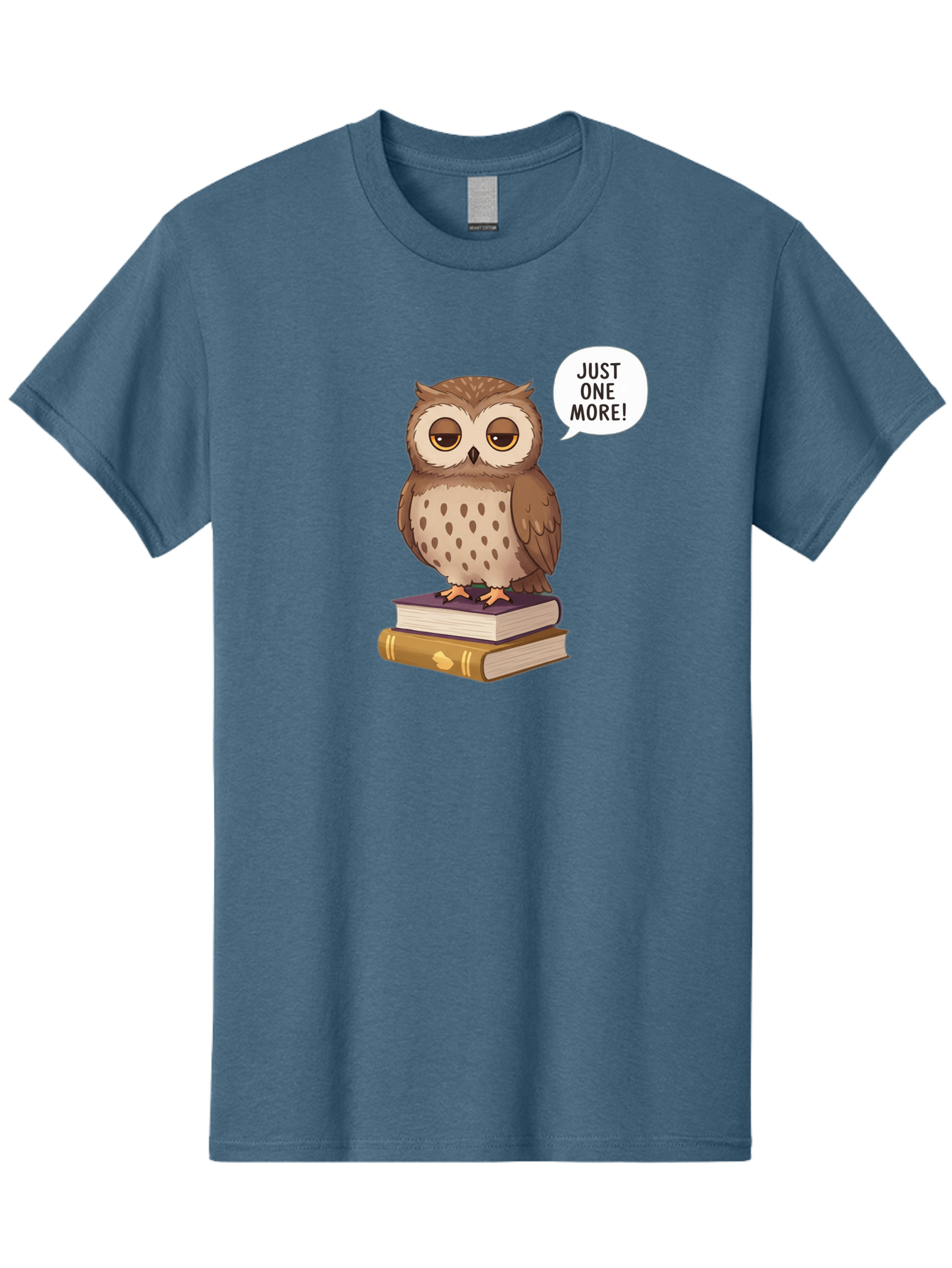 Just-One-More-3 Men'S Graphic Tee, 100% Cotton, Comfortable Casual Summer Wear, Machine Washable, Owl On Books, Reading Owl, Book Lover, Just One More, Cartoon Owl, Humorous Illustration, Reading Addiction, Brown Owl, Book Stack, Adorable Owl Bac082
