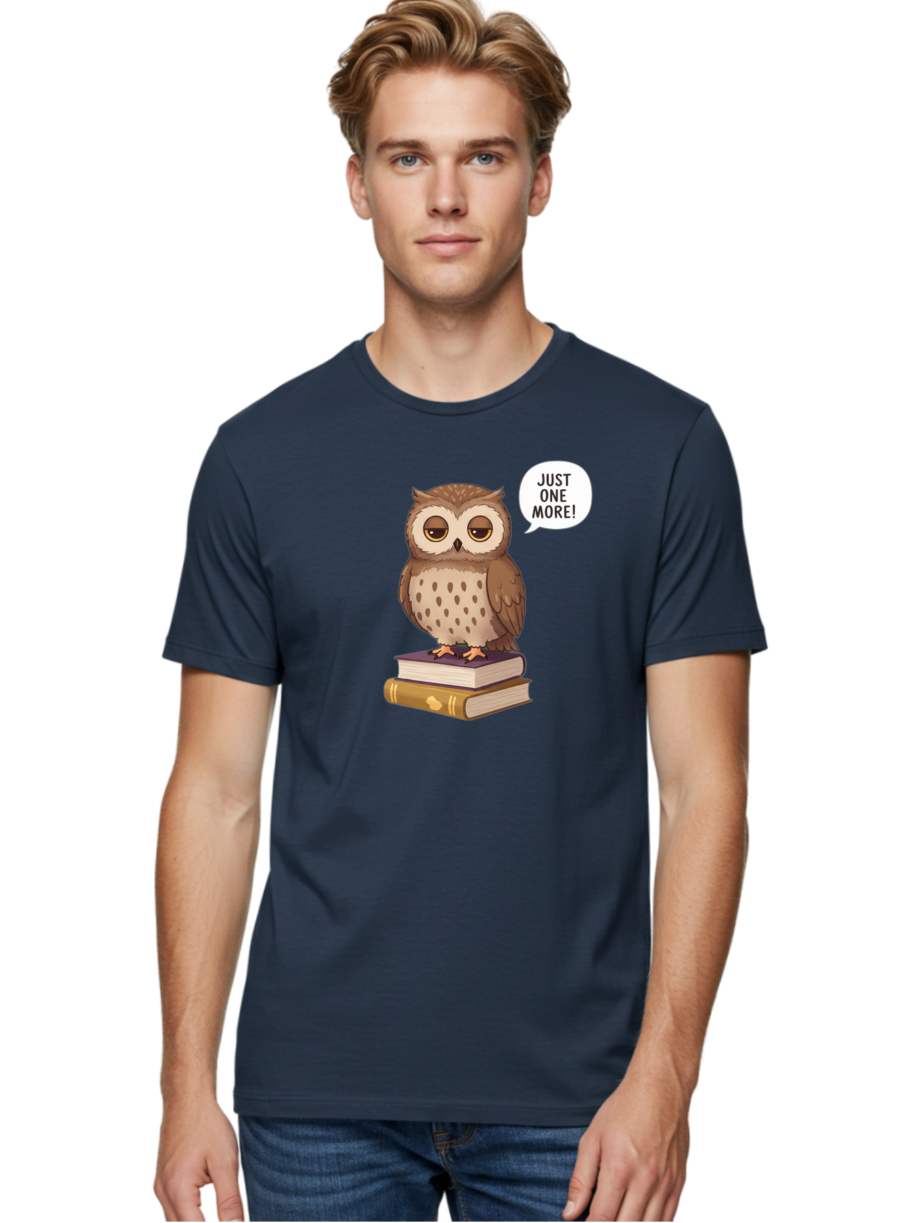 Just-One-More-3 Men'S Graphic Tee, 100% Cotton, Comfortable Casual Summer Wear, Machine Washable, Owl On Books, Reading Owl, Book Lover, Just One More, Cartoon Owl, Humorous Illustration, Reading Addiction, Brown Owl, Book Stack, Adorable Owl Bac082