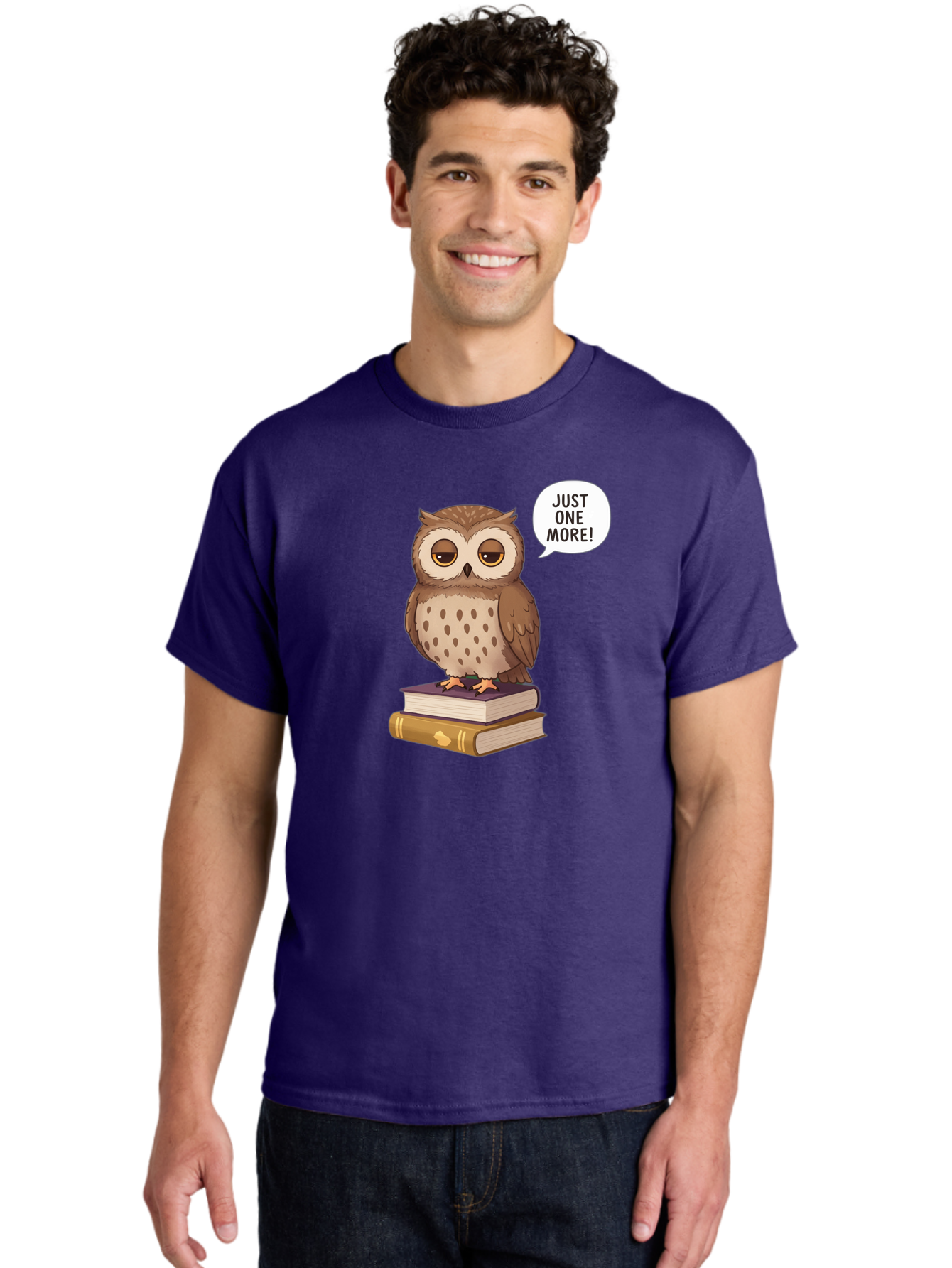 Just-One-More-3 Men'S Graphic Tee, 100% Cotton, Comfortable Casual Summer Wear, Machine Washable, Owl On Books, Reading Owl, Book Lover, Just One More, Cartoon Owl, Humorous Illustration, Reading Addiction, Brown Owl, Book Stack, Adorable Owl Bac082