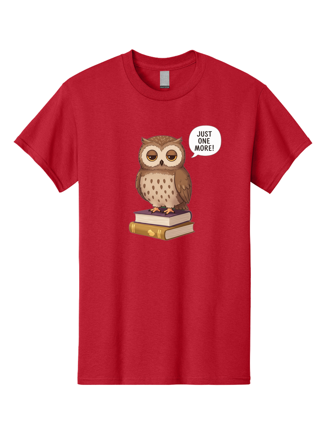 Just-One-More-3 Men'S Graphic Tee, 100% Cotton, Comfortable Casual Summer Wear, Machine Washable, Owl On Books, Reading Owl, Book Lover, Just One More, Cartoon Owl, Humorous Illustration, Reading Addiction, Brown Owl, Book Stack, Adorable Owl Bac082