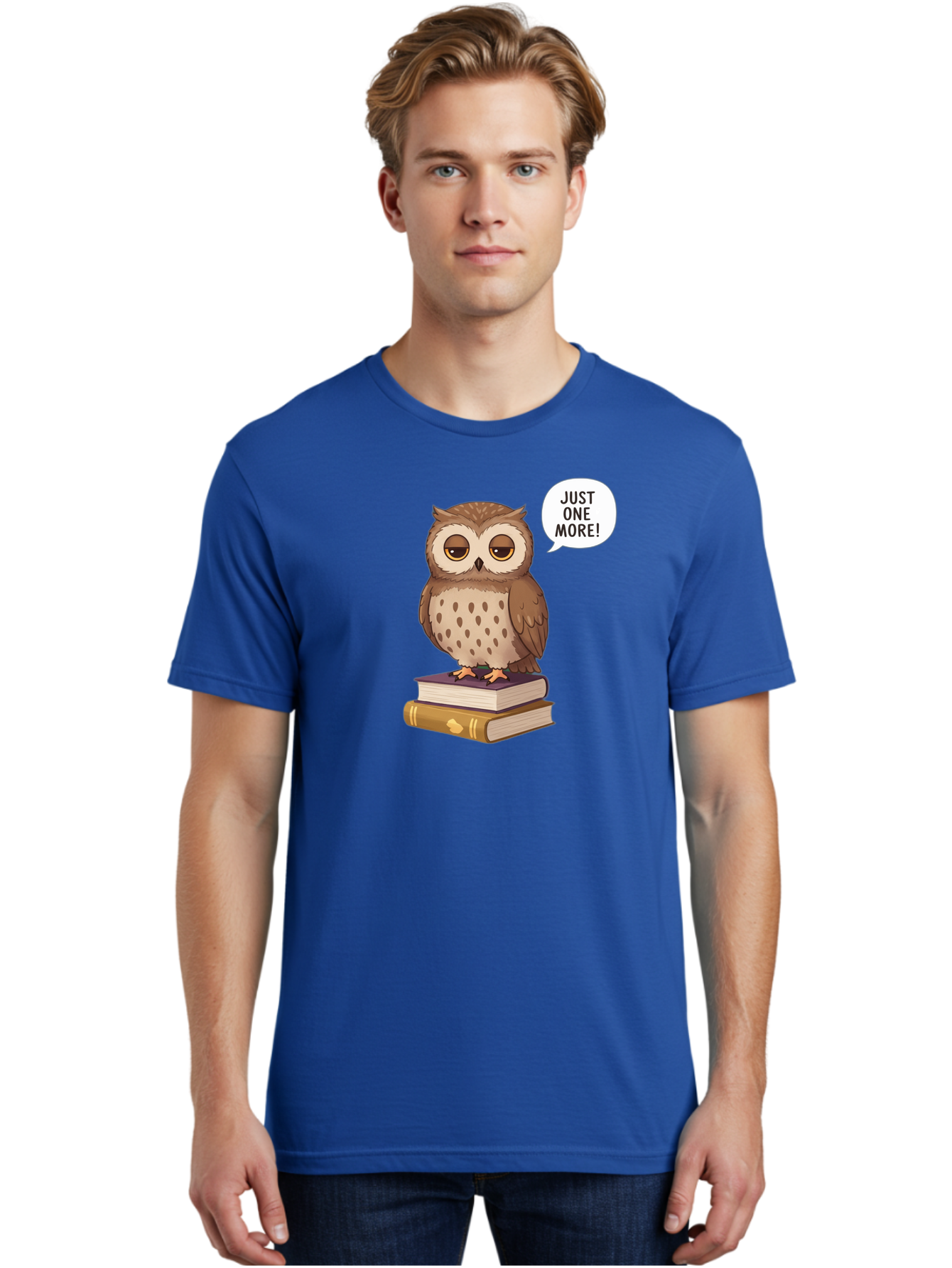 Just-One-More-3 Men'S Graphic Tee, 100% Cotton, Comfortable Casual Summer Wear, Machine Washable, Owl On Books, Reading Owl, Book Lover, Just One More, Cartoon Owl, Humorous Illustration, Reading Addiction, Brown Owl, Book Stack, Adorable Owl Bac082