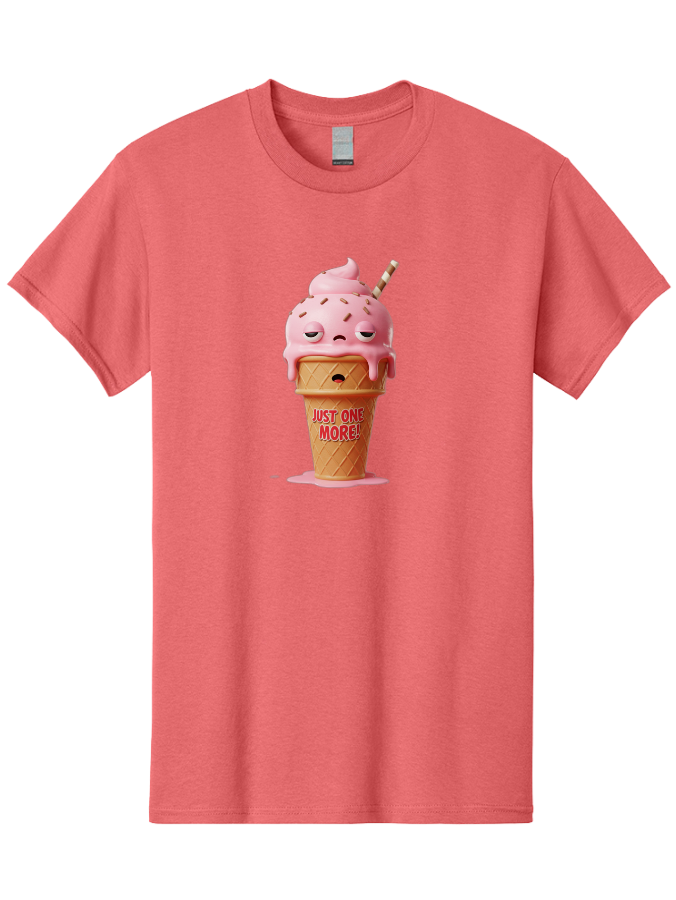 Just-One-More-4 Men'S Graphic Tee, 100% Cotton, Comfortable Casual Summer Wear, Machine Washable, Ice Cream Cone, Pink Ice Cream, Melting Ice Cream, Cartoon Character, Playful Design, Sweet Treats, Just One More, Fun And Quirky, Bac083