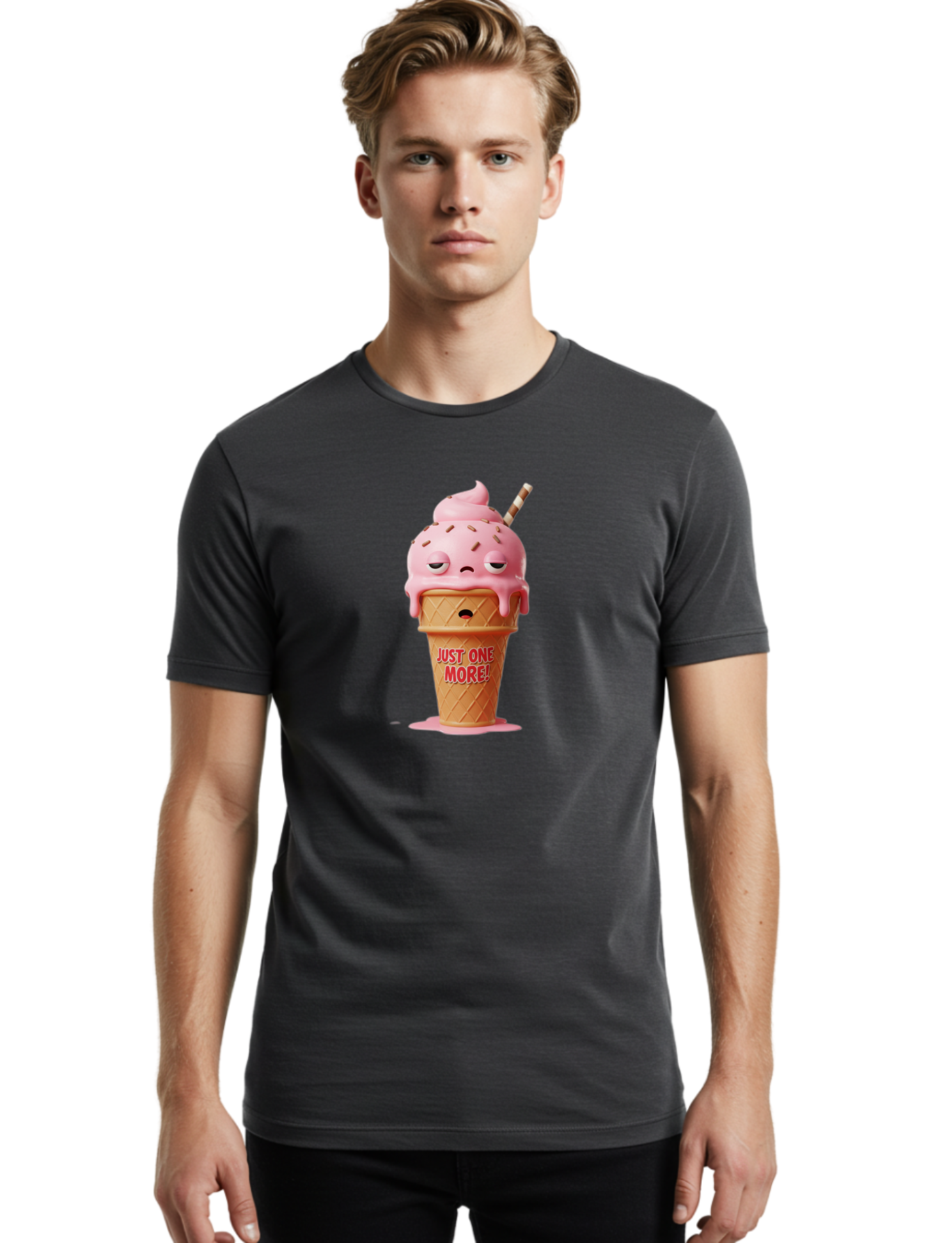 Just-One-More-4 Men'S Graphic Tee, 100% Cotton, Comfortable Casual Summer Wear, Machine Washable, Ice Cream Cone, Pink Ice Cream, Melting Ice Cream, Cartoon Character, Playful Design, Sweet Treats, Just One More, Fun And Quirky, Bac083