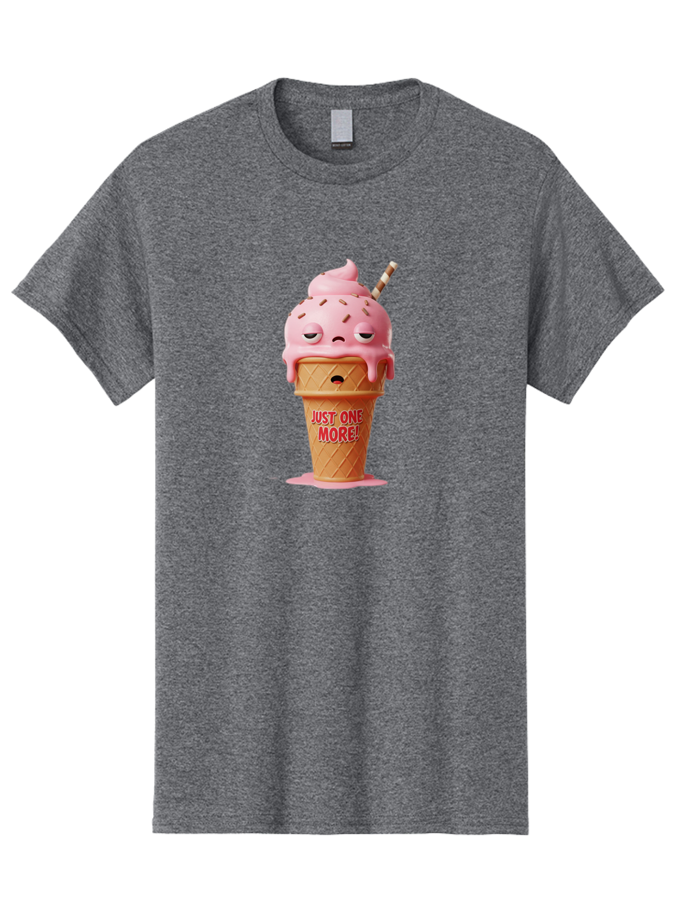 Just-One-More-4 Men'S Graphic Tee, 100% Cotton, Comfortable Casual Summer Wear, Machine Washable, Ice Cream Cone, Pink Ice Cream, Melting Ice Cream, Cartoon Character, Playful Design, Sweet Treats, Just One More, Fun And Quirky, Bac083