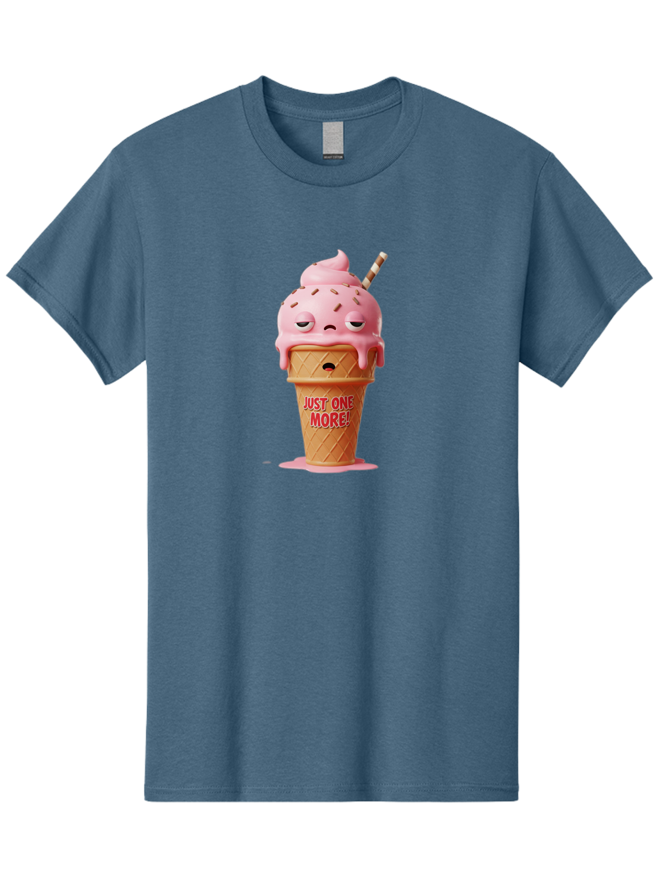 Just-One-More-4 Men'S Graphic Tee, 100% Cotton, Comfortable Casual Summer Wear, Machine Washable, Ice Cream Cone, Pink Ice Cream, Melting Ice Cream, Cartoon Character, Playful Design, Sweet Treats, Just One More, Fun And Quirky, Bac083