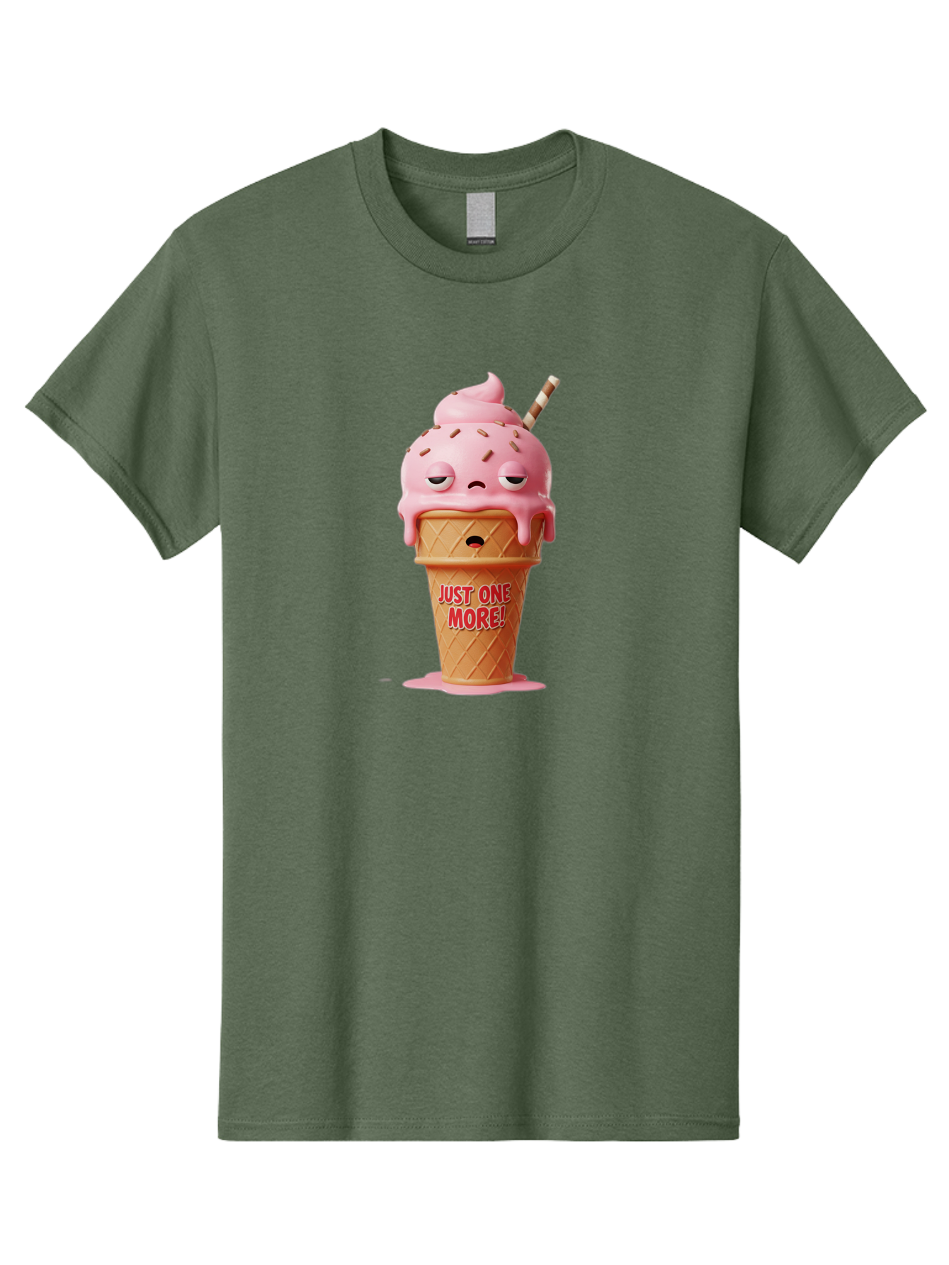 Just-One-More-4 Men'S Graphic Tee, 100% Cotton, Comfortable Casual Summer Wear, Machine Washable, Ice Cream Cone, Pink Ice Cream, Melting Ice Cream, Cartoon Character, Playful Design, Sweet Treats, Just One More, Fun And Quirky, Bac083