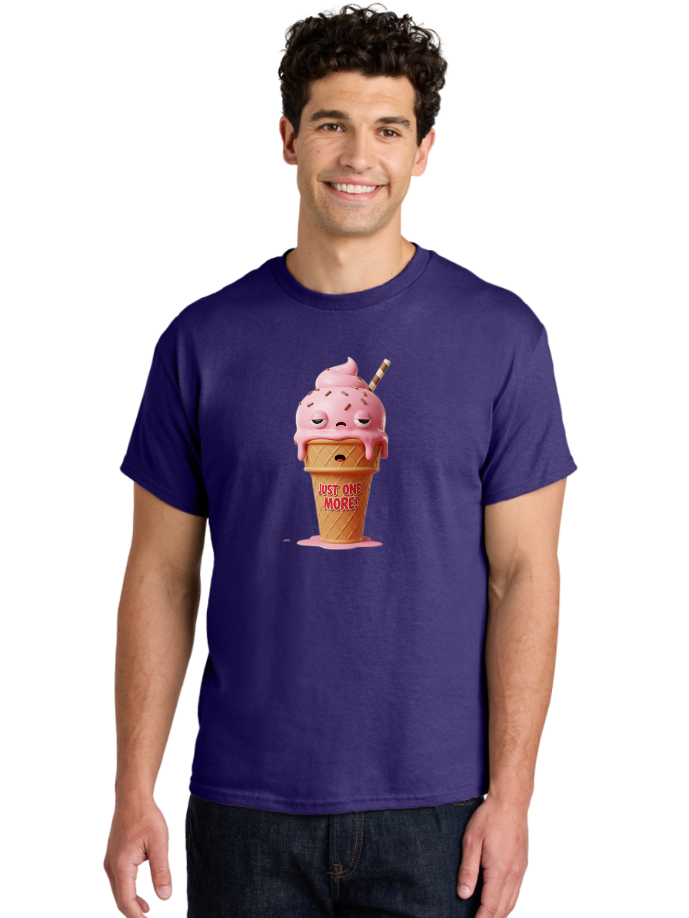 Just-One-More-4 Men'S Graphic Tee, 100% Cotton, Comfortable Casual Summer Wear, Machine Washable, Ice Cream Cone, Pink Ice Cream, Melting Ice Cream, Cartoon Character, Playful Design, Sweet Treats, Just One More, Fun And Quirky, Bac083