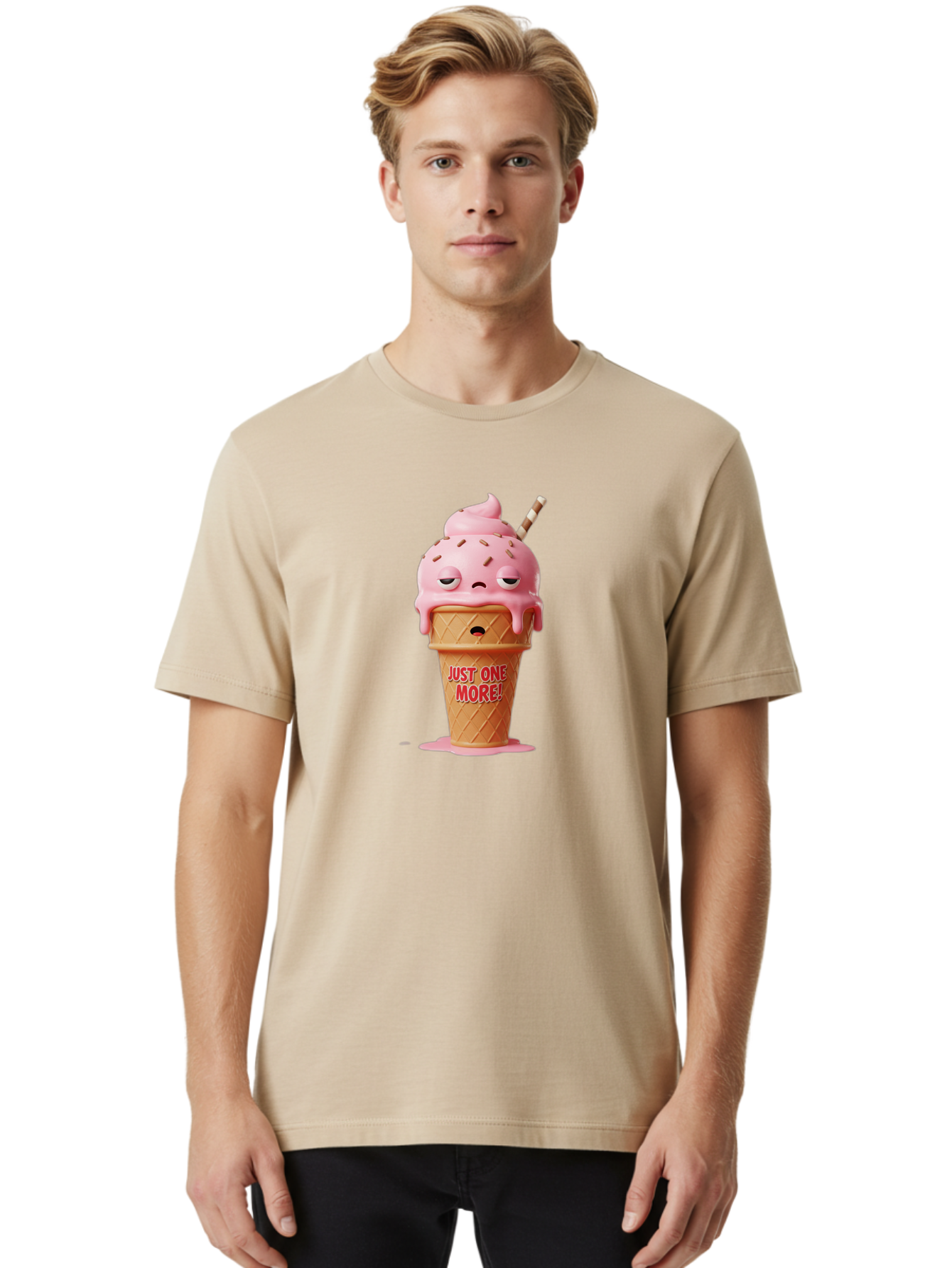 Just-One-More-4 Men'S Graphic Tee, 100% Cotton, Comfortable Casual Summer Wear, Machine Washable, Ice Cream Cone, Pink Ice Cream, Melting Ice Cream, Cartoon Character, Playful Design, Sweet Treats, Just One More, Fun And Quirky, Bac083