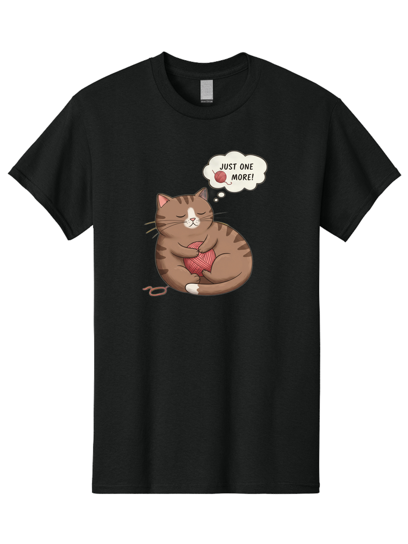 Just-One-More Men'S Graphic Tee, 100% Cotton, Comfortable Casual Summer Wear, Machine Washable, Cat Hugging Yarn Ball, Cartoon Cat, Cute Animal, Funny Meme, Knitting Humor, Adorable Feline, Playful Kitty, Cat Love, Yarn Obsession, Bac084