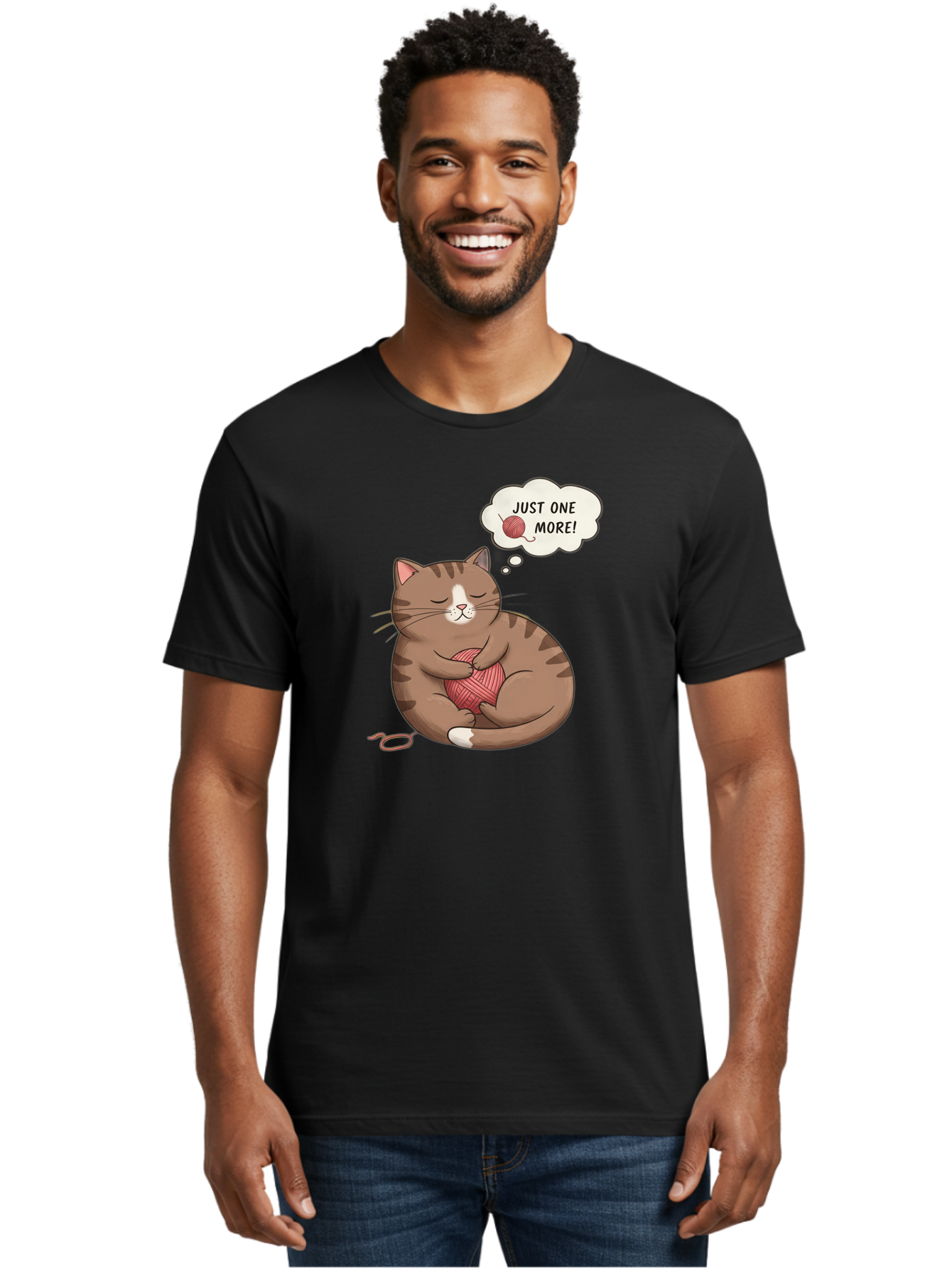 Just-One-More Men'S Graphic Tee, 100% Cotton, Comfortable Casual Summer Wear, Machine Washable, Cat Hugging Yarn Ball, Cartoon Cat, Cute Animal, Funny Meme, Knitting Humor, Adorable Feline, Playful Kitty, Cat Love, Yarn Obsession, Bac084