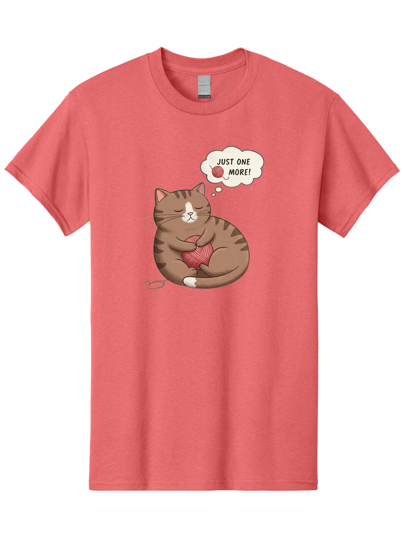 Just-One-More Men'S Graphic Tee, 100% Cotton, Comfortable Casual Summer Wear, Machine Washable, Cat Hugging Yarn Ball, Cartoon Cat, Cute Animal, Funny Meme, Knitting Humor, Adorable Feline, Playful Kitty, Cat Love, Yarn Obsession, Bac084