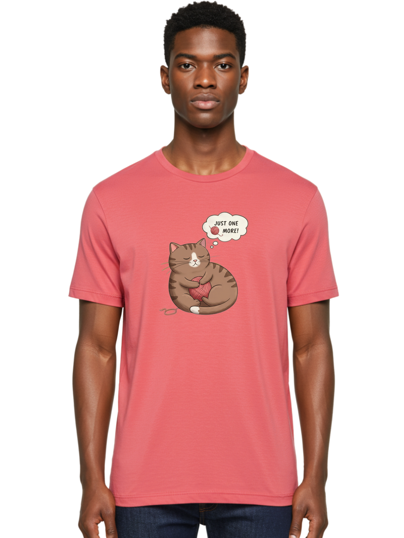 Just-One-More Men'S Graphic Tee, 100% Cotton, Comfortable Casual Summer Wear, Machine Washable, Cat Hugging Yarn Ball, Cartoon Cat, Cute Animal, Funny Meme, Knitting Humor, Adorable Feline, Playful Kitty, Cat Love, Yarn Obsession, Bac084