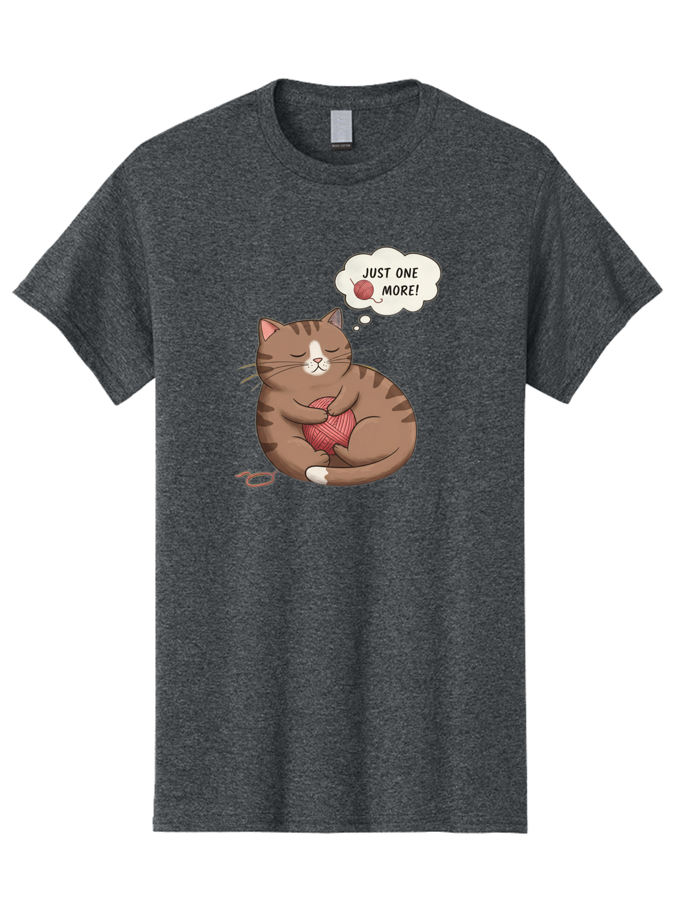 Just-One-More Men'S Graphic Tee, 100% Cotton, Comfortable Casual Summer Wear, Machine Washable, Cat Hugging Yarn Ball, Cartoon Cat, Cute Animal, Funny Meme, Knitting Humor, Adorable Feline, Playful Kitty, Cat Love, Yarn Obsession, Bac084