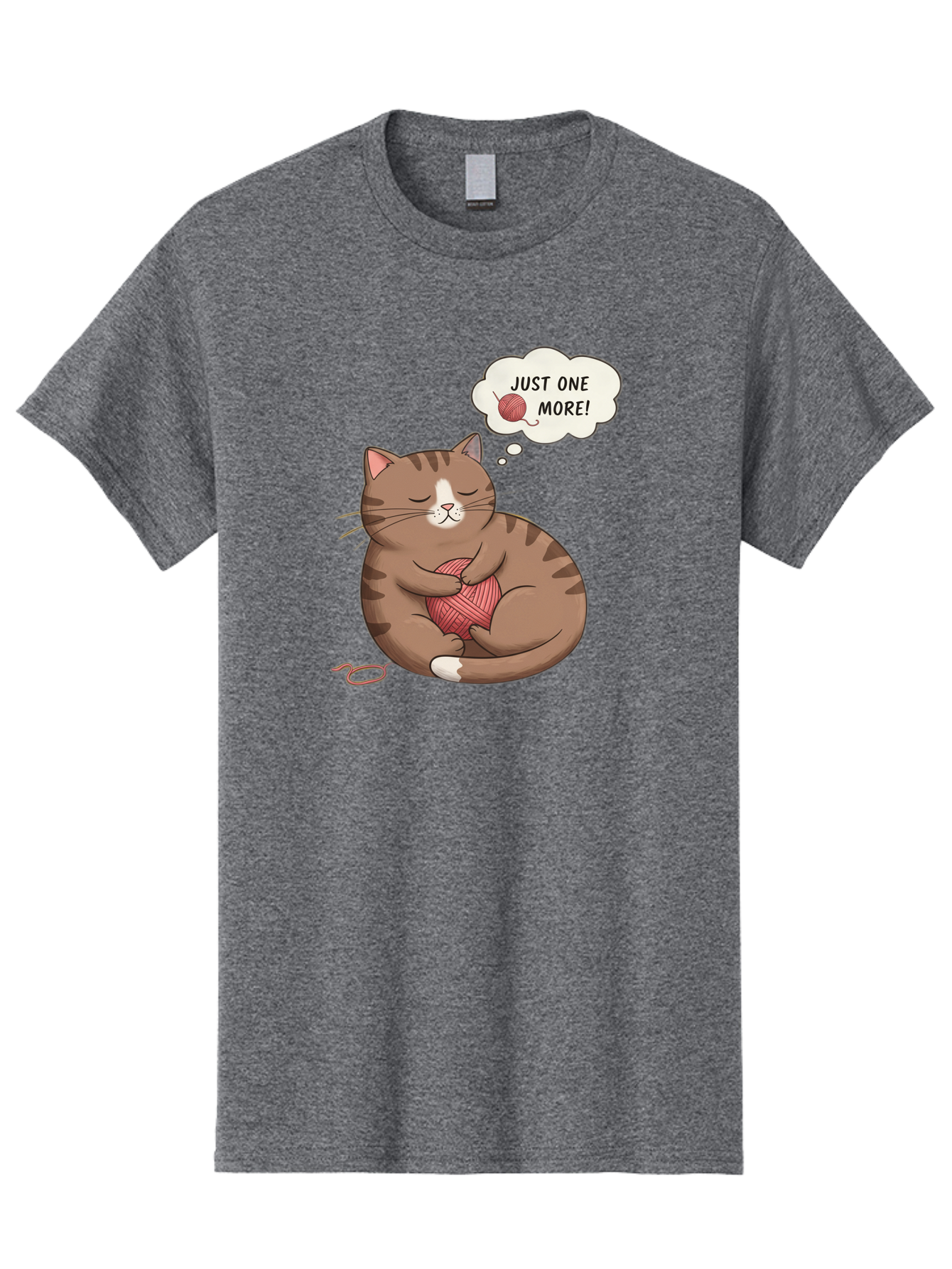 Just-One-More Men'S Graphic Tee, 100% Cotton, Comfortable Casual Summer Wear, Machine Washable, Cat Hugging Yarn Ball, Cartoon Cat, Cute Animal, Funny Meme, Knitting Humor, Adorable Feline, Playful Kitty, Cat Love, Yarn Obsession, Bac084
