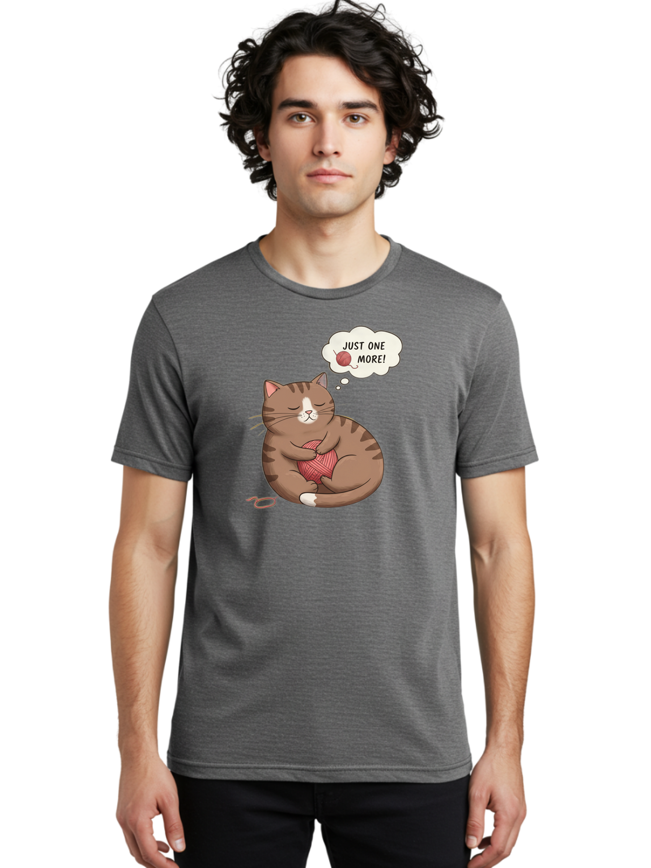Just-One-More Men'S Graphic Tee, 100% Cotton, Comfortable Casual Summer Wear, Machine Washable, Cat Hugging Yarn Ball, Cartoon Cat, Cute Animal, Funny Meme, Knitting Humor, Adorable Feline, Playful Kitty, Cat Love, Yarn Obsession, Bac084
