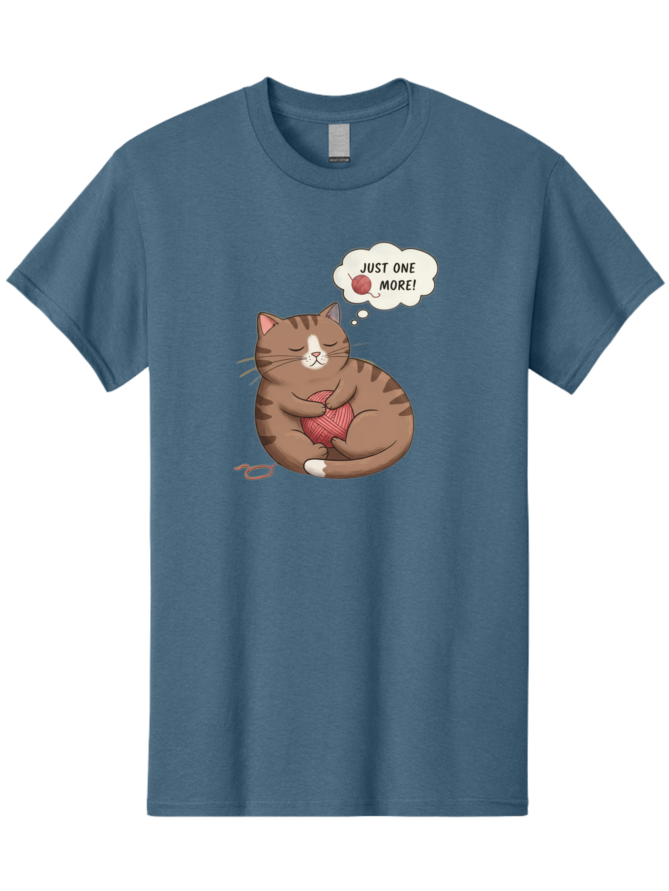 Just-One-More Men'S Graphic Tee, 100% Cotton, Comfortable Casual Summer Wear, Machine Washable, Cat Hugging Yarn Ball, Cartoon Cat, Cute Animal, Funny Meme, Knitting Humor, Adorable Feline, Playful Kitty, Cat Love, Yarn Obsession, Bac084