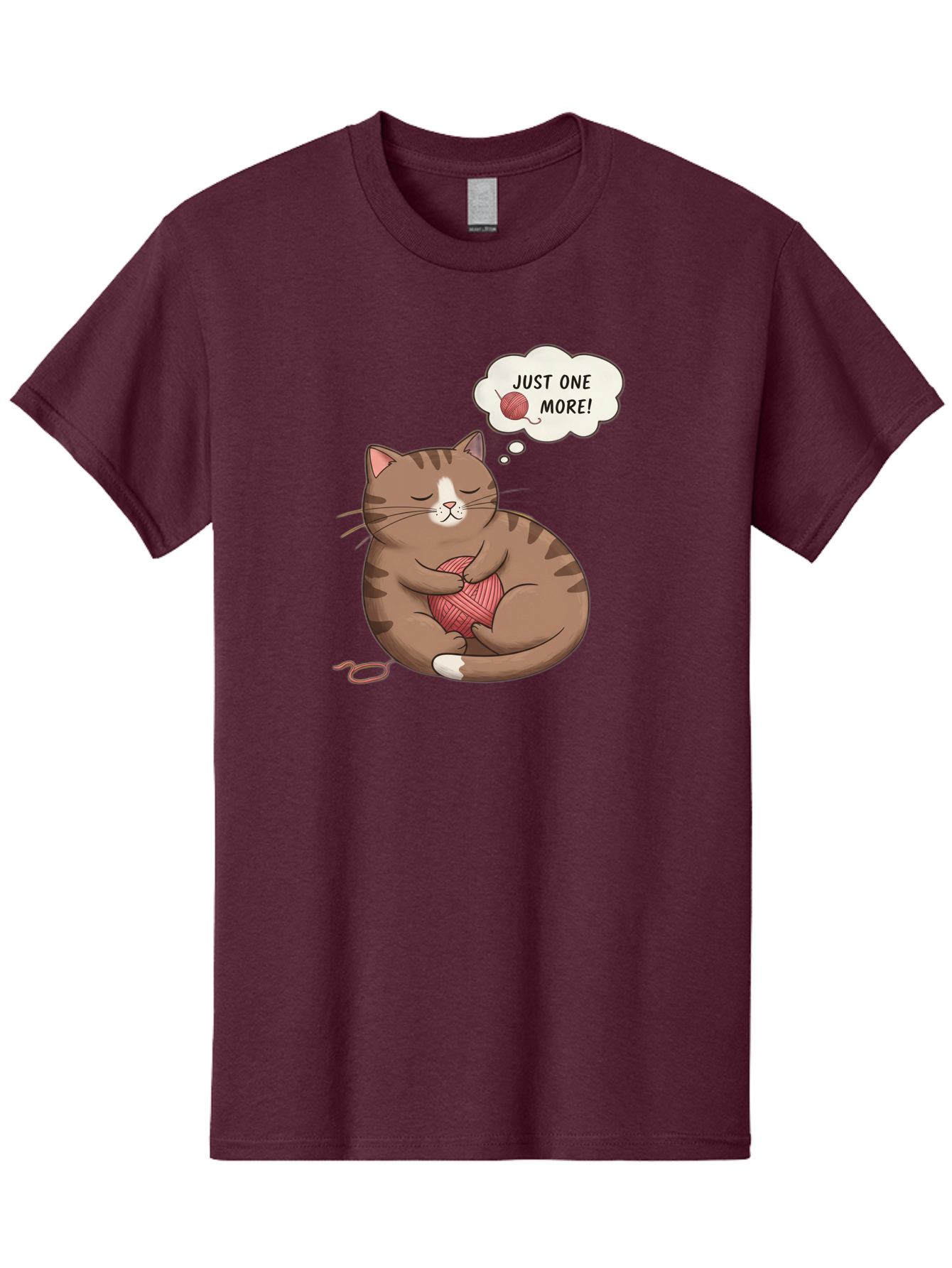 Just-One-More Men'S Graphic Tee, 100% Cotton, Comfortable Casual Summer Wear, Machine Washable, Cat Hugging Yarn Ball, Cartoon Cat, Cute Animal, Funny Meme, Knitting Humor, Adorable Feline, Playful Kitty, Cat Love, Yarn Obsession, Bac084