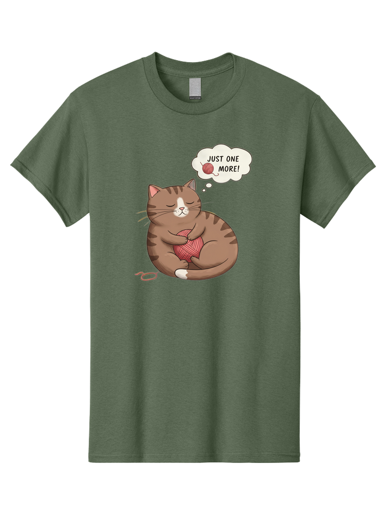 Just-One-More Men'S Graphic Tee, 100% Cotton, Comfortable Casual Summer Wear, Machine Washable, Cat Hugging Yarn Ball, Cartoon Cat, Cute Animal, Funny Meme, Knitting Humor, Adorable Feline, Playful Kitty, Cat Love, Yarn Obsession, Bac084