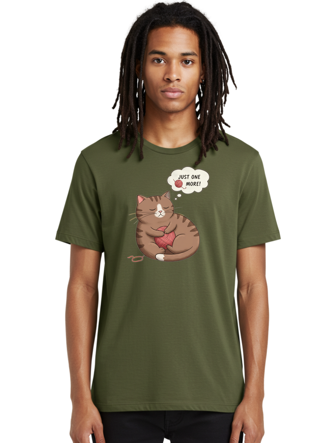 Just-One-More Men'S Graphic Tee, 100% Cotton, Comfortable Casual Summer Wear, Machine Washable, Cat Hugging Yarn Ball, Cartoon Cat, Cute Animal, Funny Meme, Knitting Humor, Adorable Feline, Playful Kitty, Cat Love, Yarn Obsession, Bac084