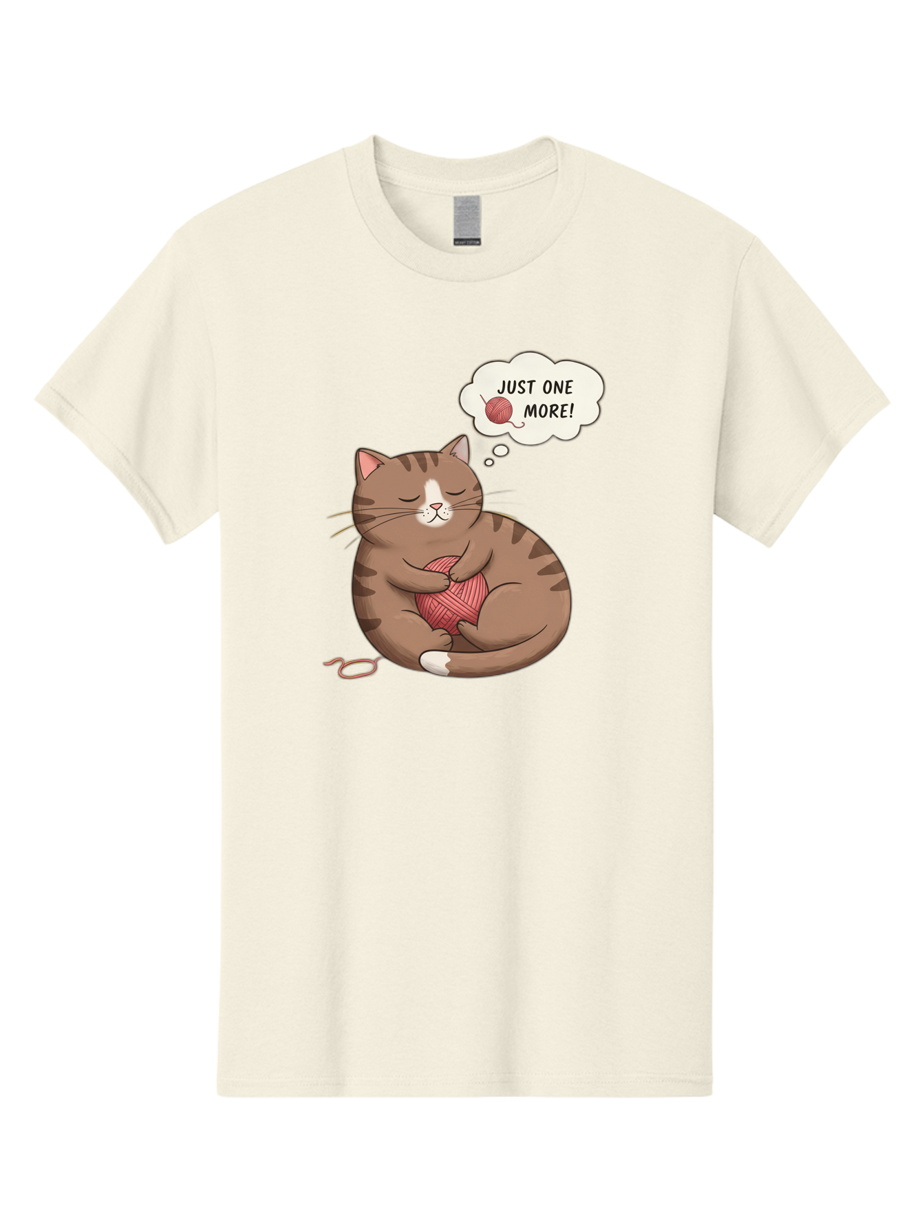 Just-One-More Men'S Graphic Tee, 100% Cotton, Comfortable Casual Summer Wear, Machine Washable, Cat Hugging Yarn Ball, Cartoon Cat, Cute Animal, Funny Meme, Knitting Humor, Adorable Feline, Playful Kitty, Cat Love, Yarn Obsession, Bac084
