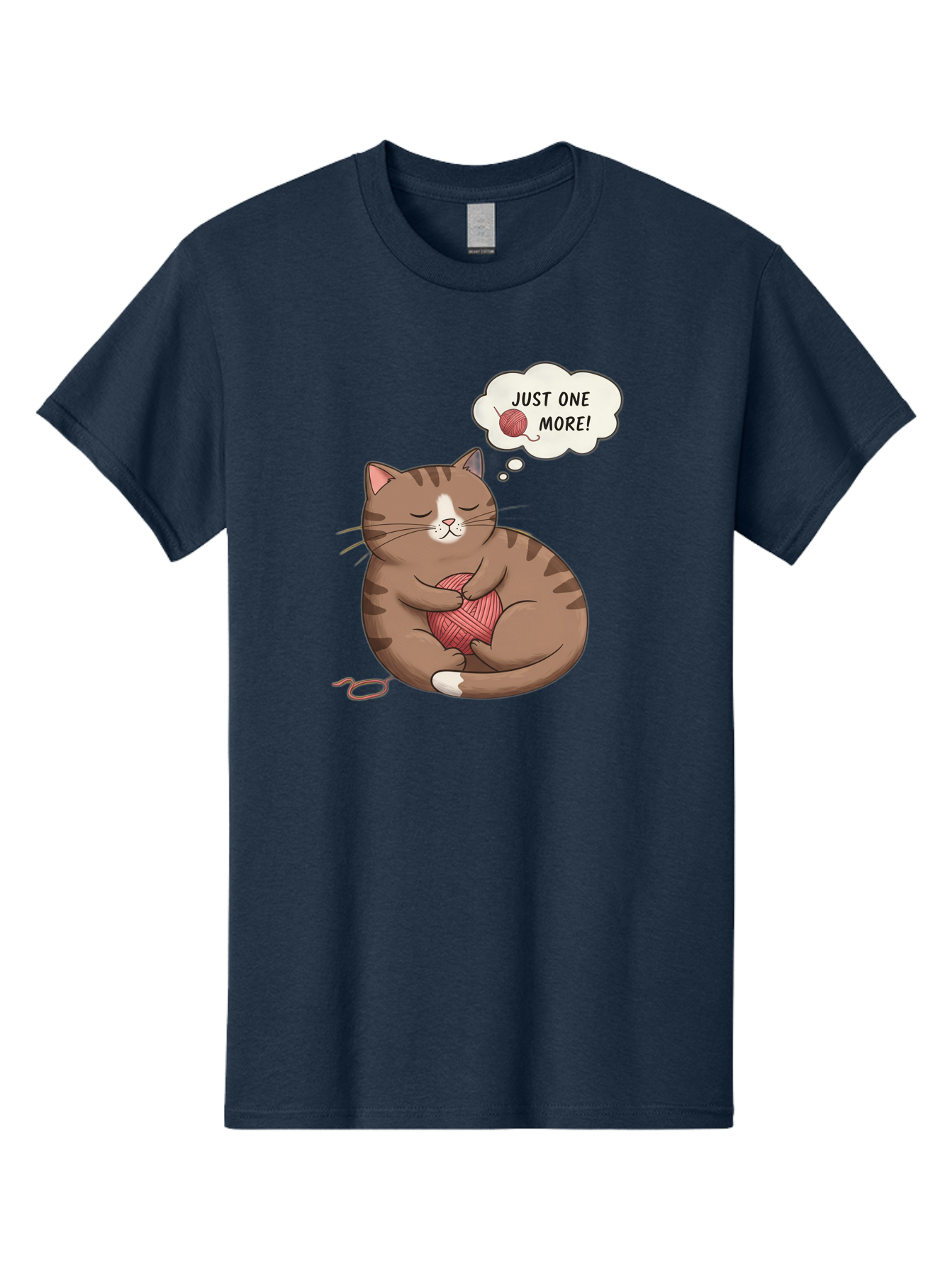 Just-One-More Men'S Graphic Tee, 100% Cotton, Comfortable Casual Summer Wear, Machine Washable, Cat Hugging Yarn Ball, Cartoon Cat, Cute Animal, Funny Meme, Knitting Humor, Adorable Feline, Playful Kitty, Cat Love, Yarn Obsession, Bac084