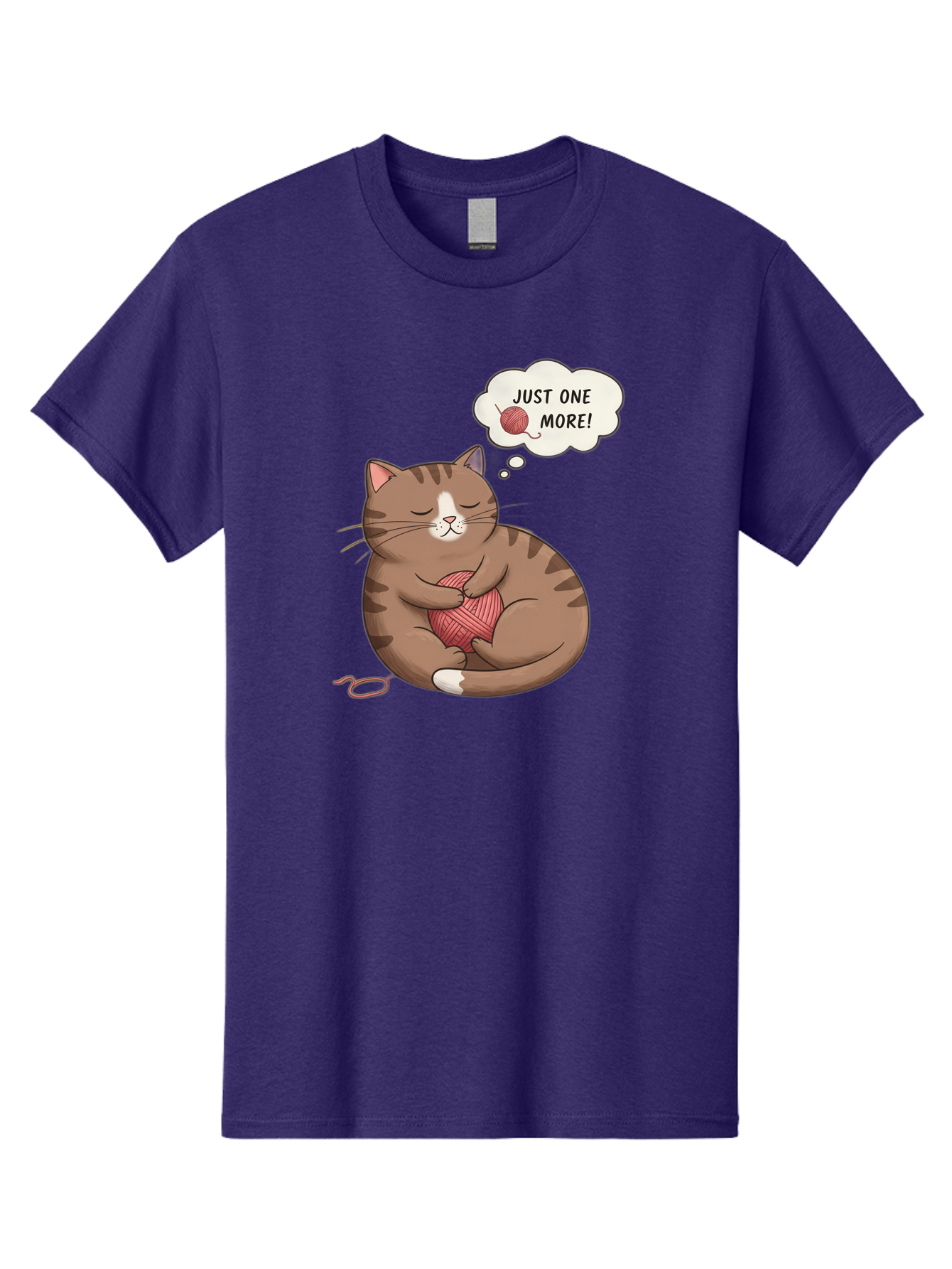 Just-One-More Men'S Graphic Tee, 100% Cotton, Comfortable Casual Summer Wear, Machine Washable, Cat Hugging Yarn Ball, Cartoon Cat, Cute Animal, Funny Meme, Knitting Humor, Adorable Feline, Playful Kitty, Cat Love, Yarn Obsession, Bac084
