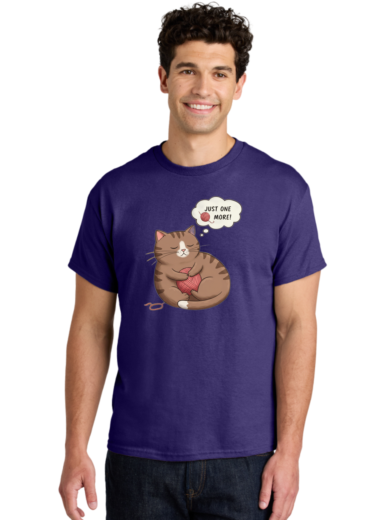 Just-One-More Men'S Graphic Tee, 100% Cotton, Comfortable Casual Summer Wear, Machine Washable, Cat Hugging Yarn Ball, Cartoon Cat, Cute Animal, Funny Meme, Knitting Humor, Adorable Feline, Playful Kitty, Cat Love, Yarn Obsession, Bac084