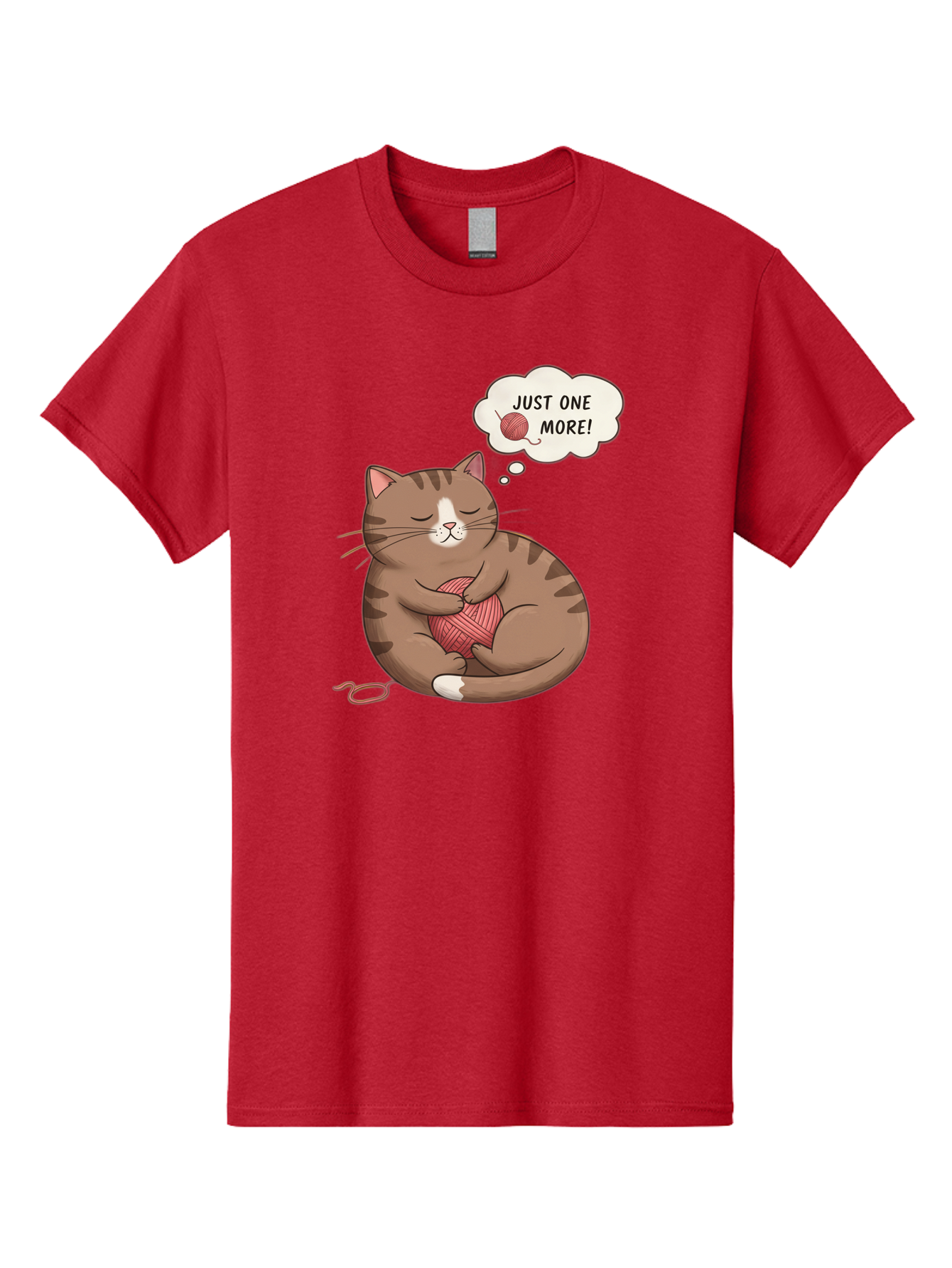 Just-One-More Men'S Graphic Tee, 100% Cotton, Comfortable Casual Summer Wear, Machine Washable, Cat Hugging Yarn Ball, Cartoon Cat, Cute Animal, Funny Meme, Knitting Humor, Adorable Feline, Playful Kitty, Cat Love, Yarn Obsession, Bac084