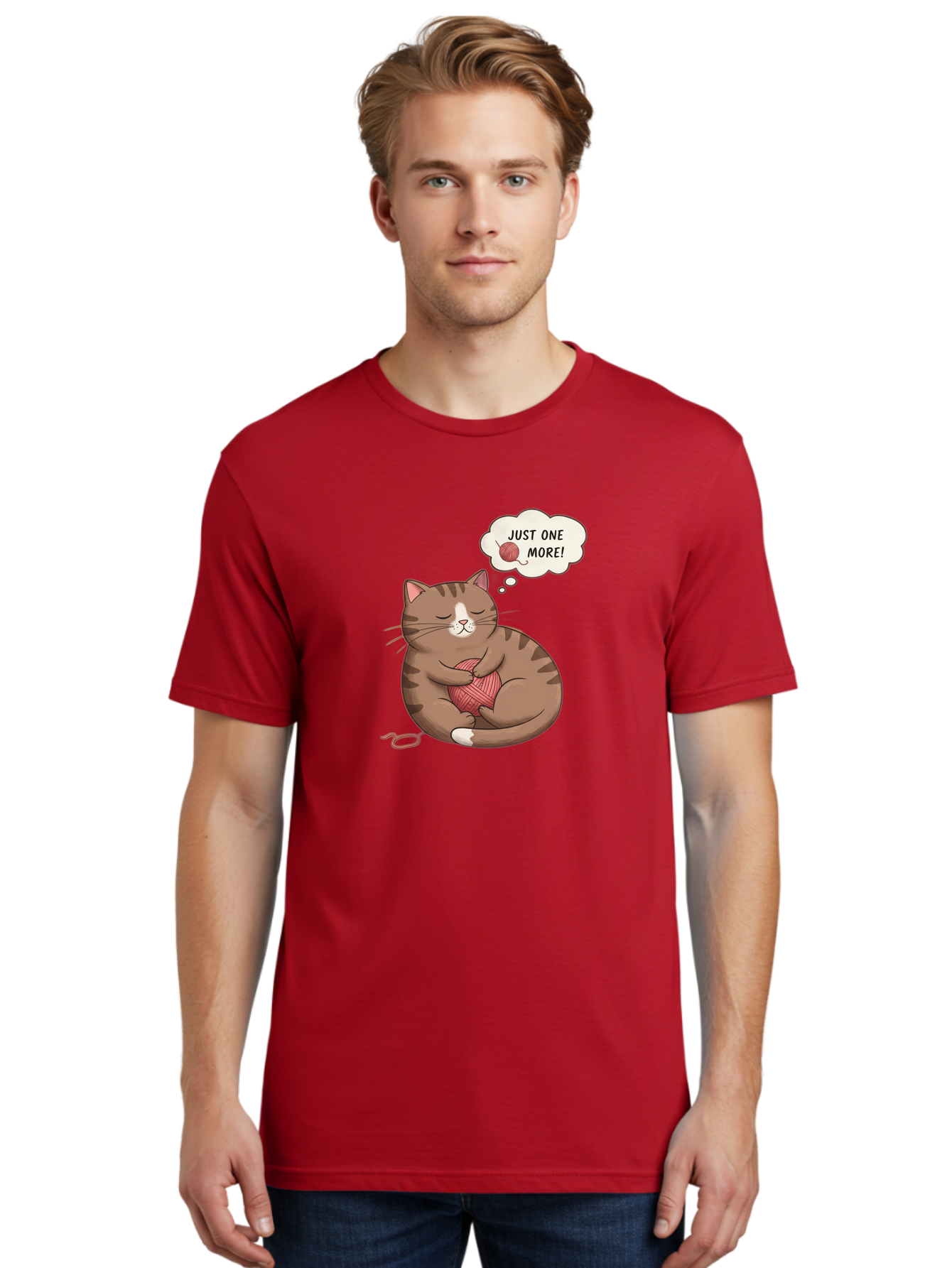 Just-One-More Men'S Graphic Tee, 100% Cotton, Comfortable Casual Summer Wear, Machine Washable, Cat Hugging Yarn Ball, Cartoon Cat, Cute Animal, Funny Meme, Knitting Humor, Adorable Feline, Playful Kitty, Cat Love, Yarn Obsession, Bac084