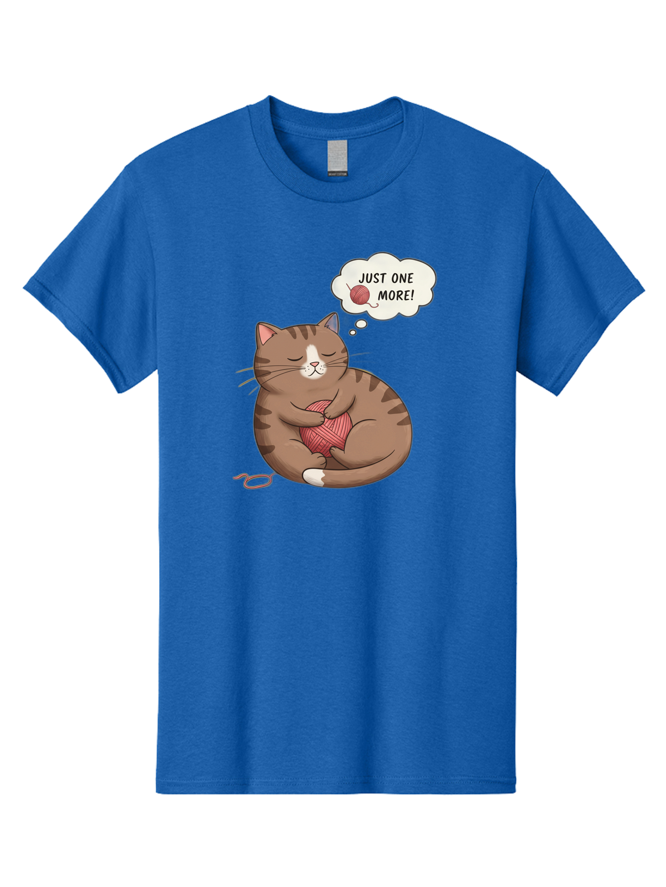 Just-One-More Men'S Graphic Tee, 100% Cotton, Comfortable Casual Summer Wear, Machine Washable, Cat Hugging Yarn Ball, Cartoon Cat, Cute Animal, Funny Meme, Knitting Humor, Adorable Feline, Playful Kitty, Cat Love, Yarn Obsession, Bac084
