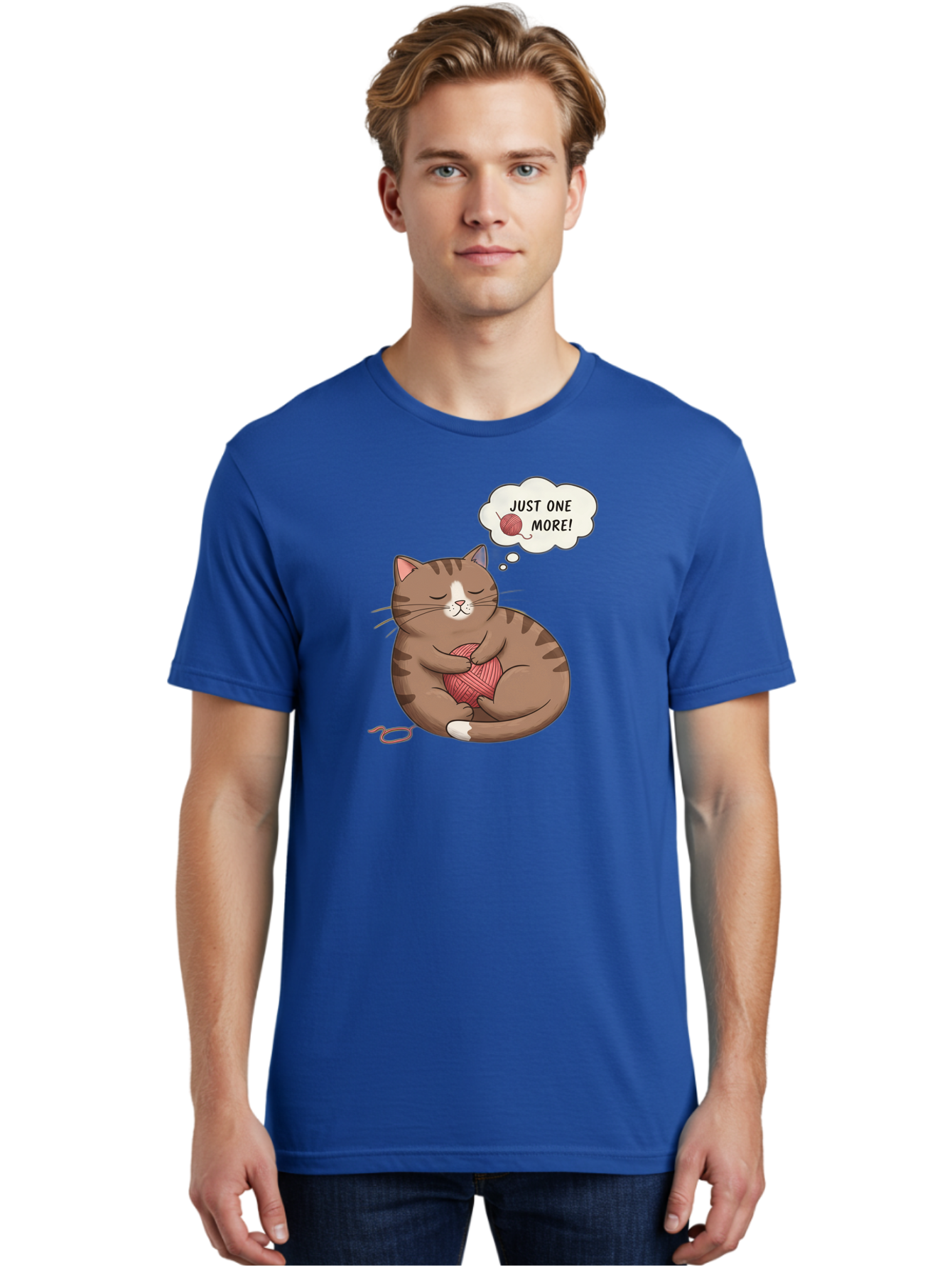 Just-One-More Men'S Graphic Tee, 100% Cotton, Comfortable Casual Summer Wear, Machine Washable, Cat Hugging Yarn Ball, Cartoon Cat, Cute Animal, Funny Meme, Knitting Humor, Adorable Feline, Playful Kitty, Cat Love, Yarn Obsession, Bac084