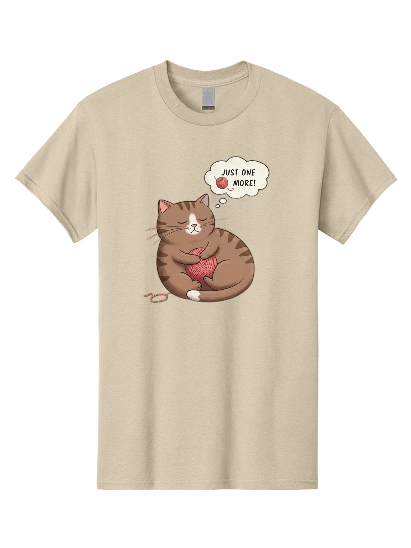 Just-One-More Men'S Graphic Tee, 100% Cotton, Comfortable Casual Summer Wear, Machine Washable, Cat Hugging Yarn Ball, Cartoon Cat, Cute Animal, Funny Meme, Knitting Humor, Adorable Feline, Playful Kitty, Cat Love, Yarn Obsession, Bac084