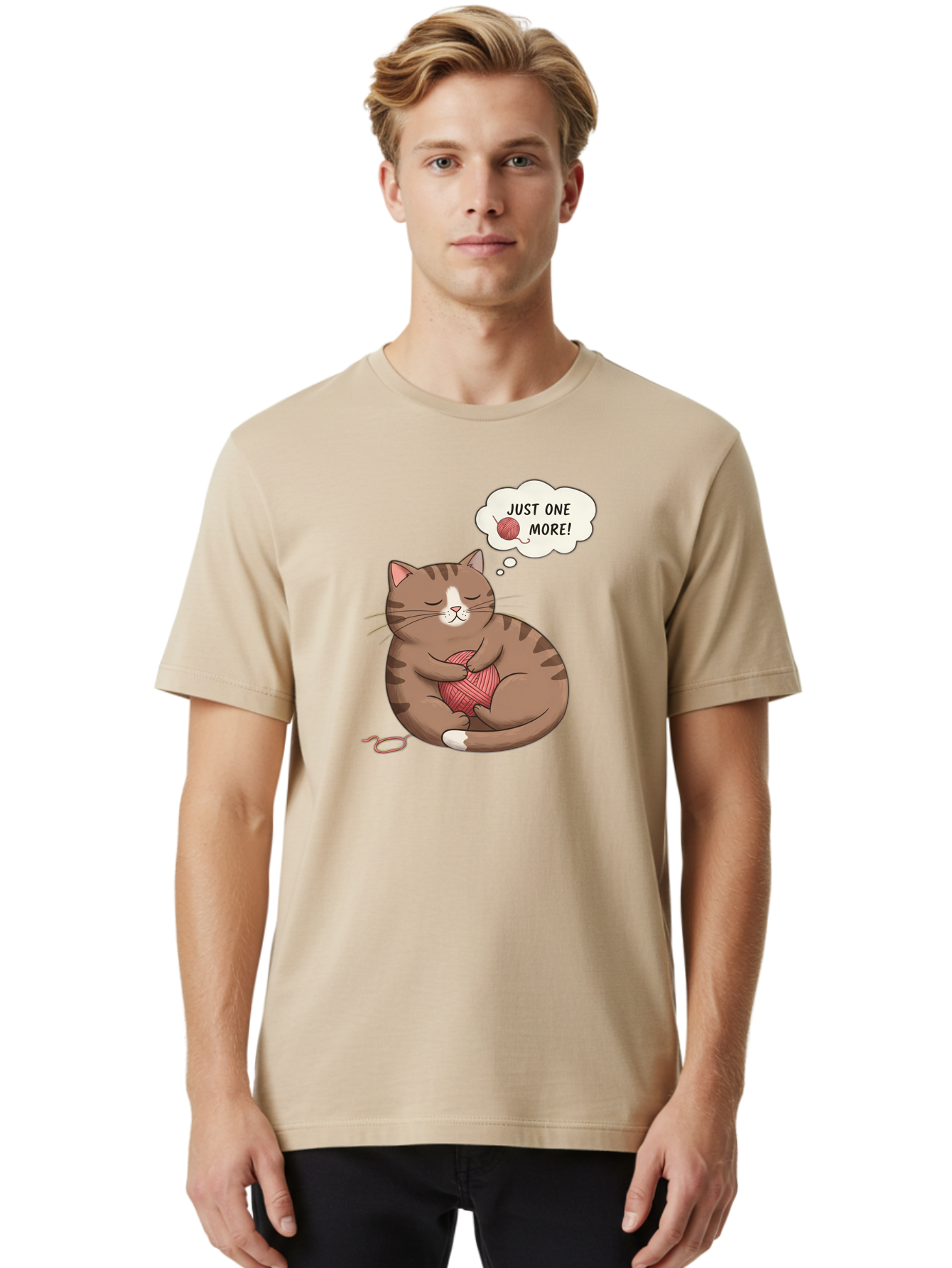 Just-One-More Men'S Graphic Tee, 100% Cotton, Comfortable Casual Summer Wear, Machine Washable, Cat Hugging Yarn Ball, Cartoon Cat, Cute Animal, Funny Meme, Knitting Humor, Adorable Feline, Playful Kitty, Cat Love, Yarn Obsession, Bac084