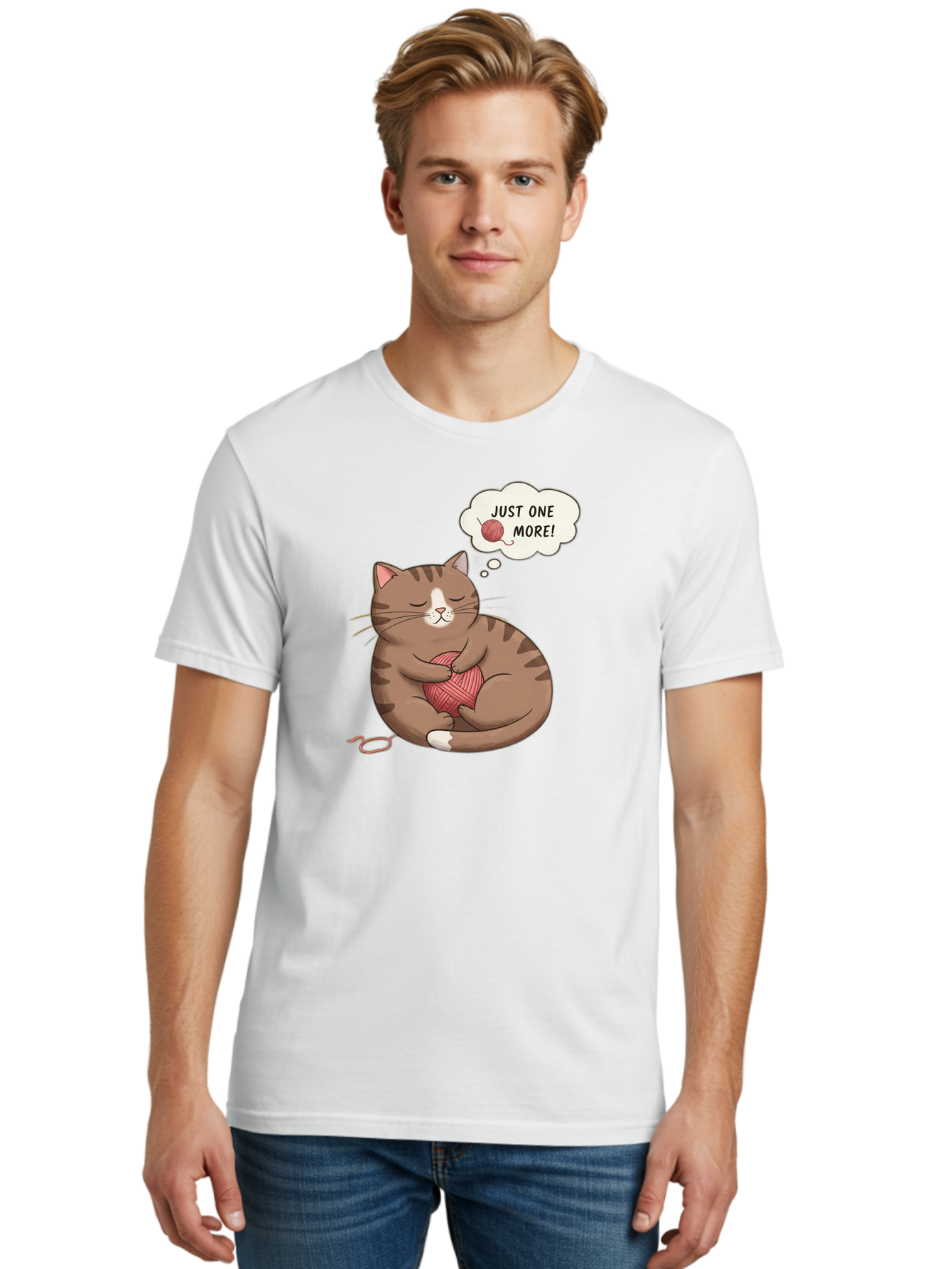 Just-One-More Men'S Graphic Tee, 100% Cotton, Comfortable Casual Summer Wear, Machine Washable, Cat Hugging Yarn Ball, Cartoon Cat, Cute Animal, Funny Meme, Knitting Humor, Adorable Feline, Playful Kitty, Cat Love, Yarn Obsession, Bac084