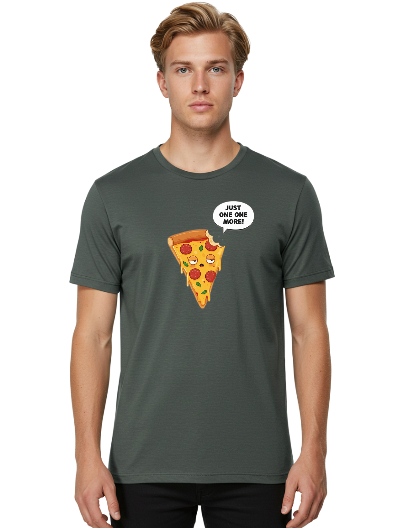 Just-One-One-More Men'S Graphic Tee, 100% Cotton, Comfortable Casual Summer Wear, Machine Washable, Cartoon Pizza Slice, Winking Face, Speech Bubble, Just One More, Pepperoni Pizza, Tempting Food, Cheesy Goodness, Indulgent Treat, Bac085