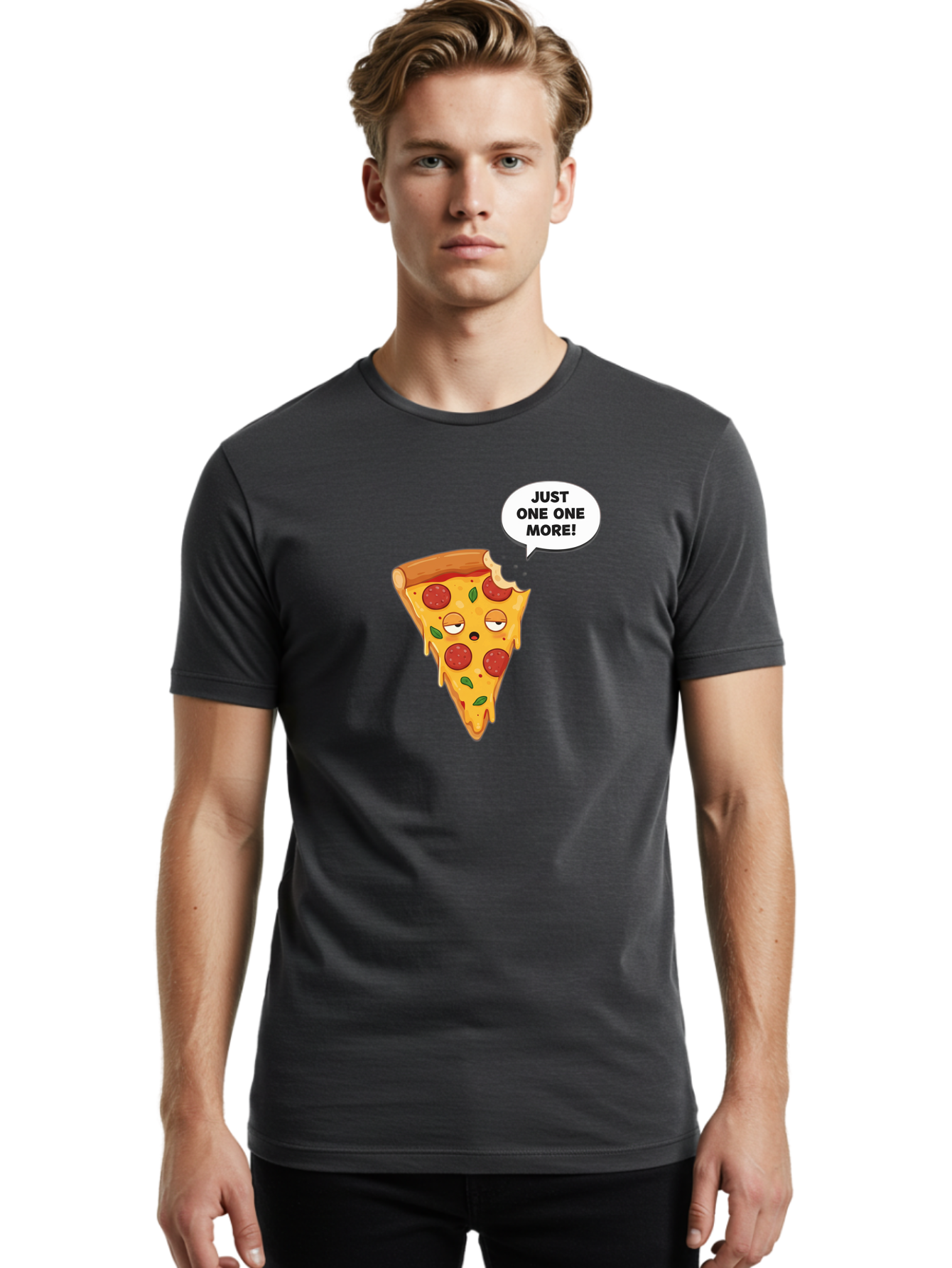 Just-One-One-More Men'S Graphic Tee, 100% Cotton, Comfortable Casual Summer Wear, Machine Washable, Cartoon Pizza Slice, Winking Face, Speech Bubble, Just One More, Pepperoni Pizza, Tempting Food, Cheesy Goodness, Indulgent Treat, Bac085