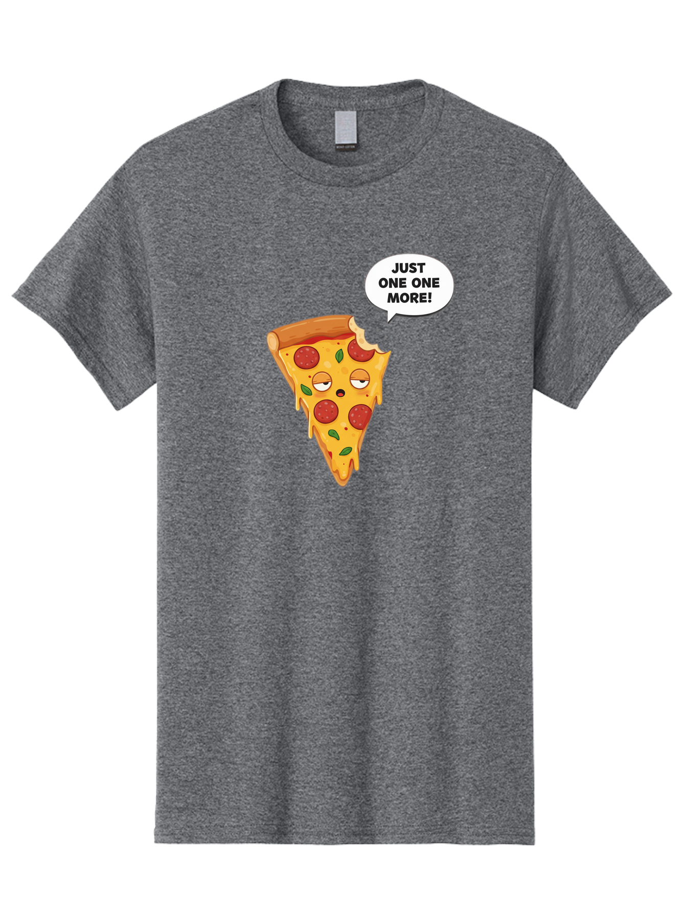 Just-One-One-More Men'S Graphic Tee, 100% Cotton, Comfortable Casual Summer Wear, Machine Washable, Cartoon Pizza Slice, Winking Face, Speech Bubble, Just One More, Pepperoni Pizza, Tempting Food, Cheesy Goodness, Indulgent Treat, Bac085