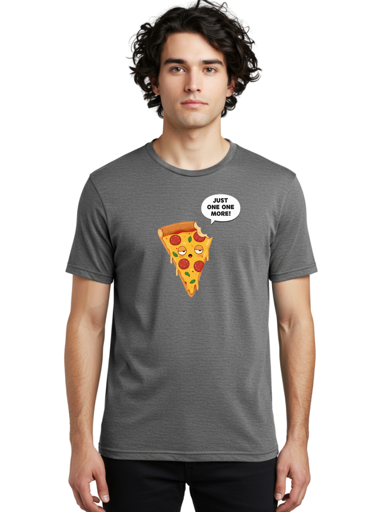 Just-One-One-More Men'S Graphic Tee, 100% Cotton, Comfortable Casual Summer Wear, Machine Washable, Cartoon Pizza Slice, Winking Face, Speech Bubble, Just One More, Pepperoni Pizza, Tempting Food, Cheesy Goodness, Indulgent Treat, Bac085