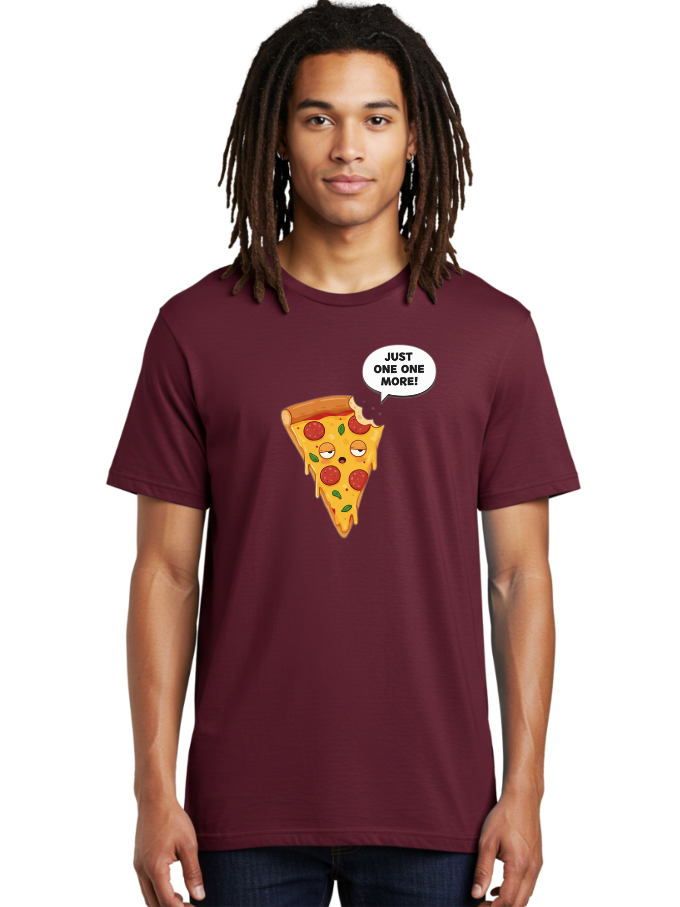 Just-One-One-More Men'S Graphic Tee, 100% Cotton, Comfortable Casual Summer Wear, Machine Washable, Cartoon Pizza Slice, Winking Face, Speech Bubble, Just One More, Pepperoni Pizza, Tempting Food, Cheesy Goodness, Indulgent Treat, Bac085