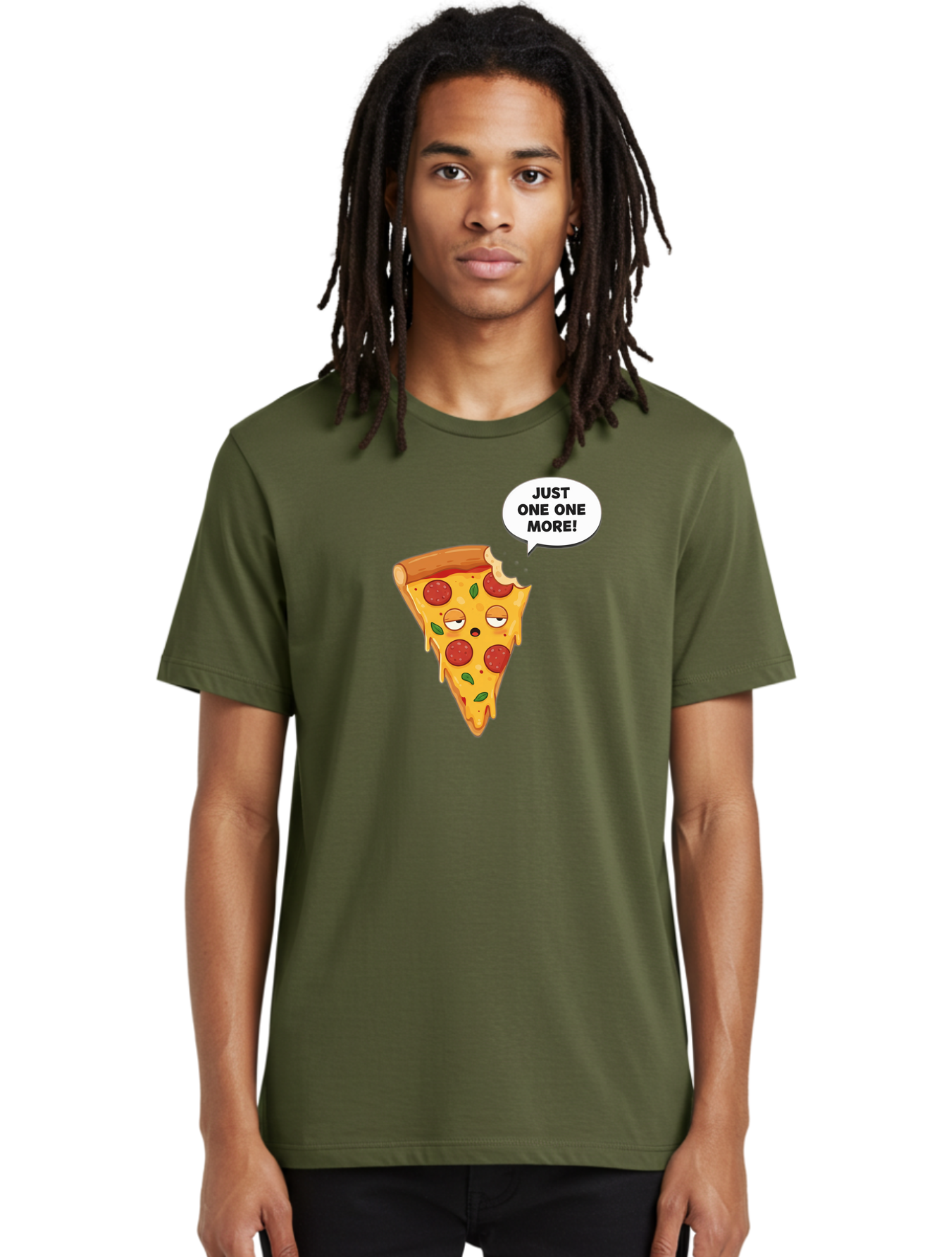 Just-One-One-More Men'S Graphic Tee, 100% Cotton, Comfortable Casual Summer Wear, Machine Washable, Cartoon Pizza Slice, Winking Face, Speech Bubble, Just One More, Pepperoni Pizza, Tempting Food, Cheesy Goodness, Indulgent Treat, Bac085