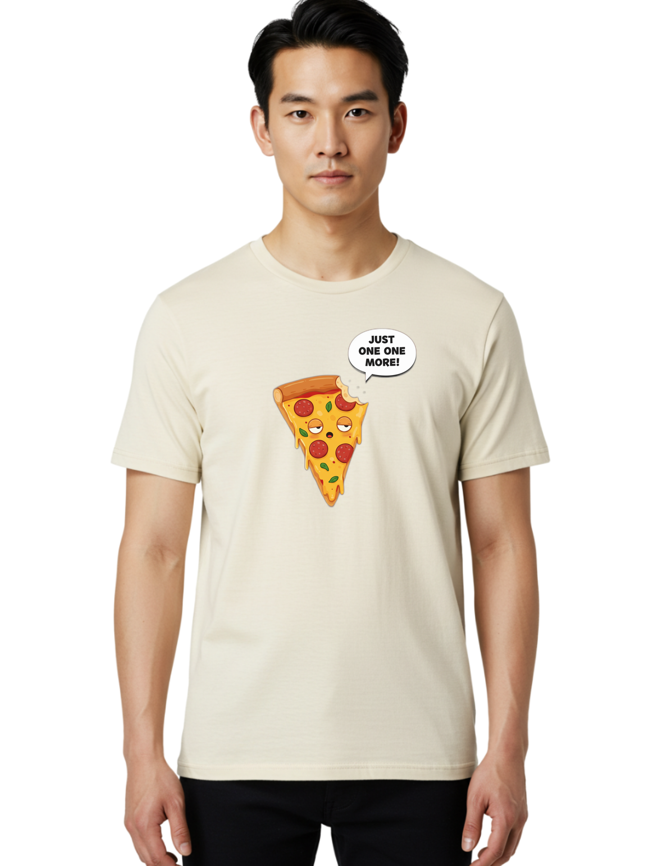 Just-One-One-More Men'S Graphic Tee, 100% Cotton, Comfortable Casual Summer Wear, Machine Washable, Cartoon Pizza Slice, Winking Face, Speech Bubble, Just One More, Pepperoni Pizza, Tempting Food, Cheesy Goodness, Indulgent Treat, Bac085
