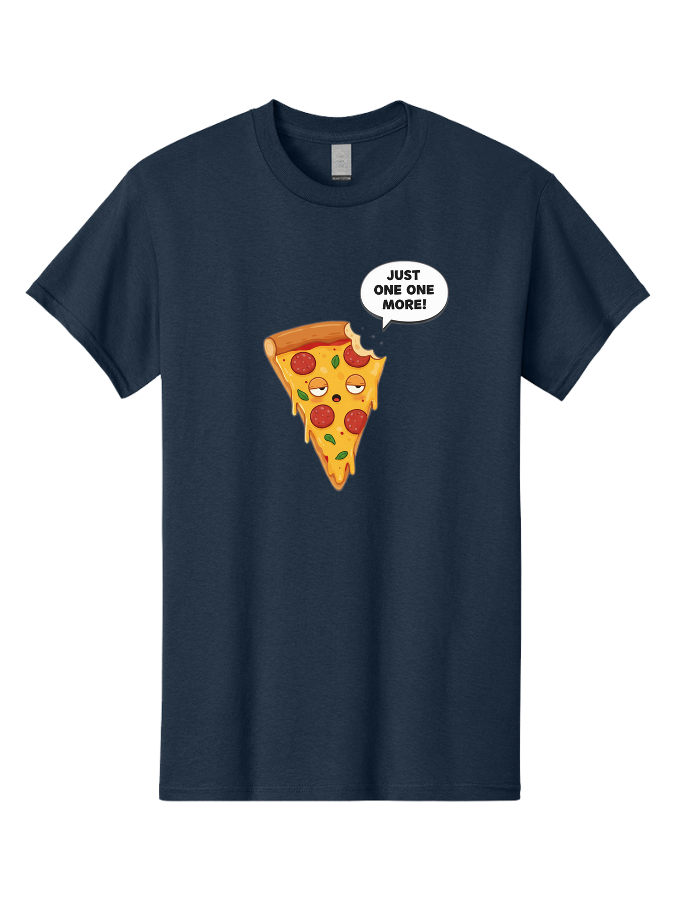 Just-One-One-More Men'S Graphic Tee, 100% Cotton, Comfortable Casual Summer Wear, Machine Washable, Cartoon Pizza Slice, Winking Face, Speech Bubble, Just One More, Pepperoni Pizza, Tempting Food, Cheesy Goodness, Indulgent Treat, Bac085