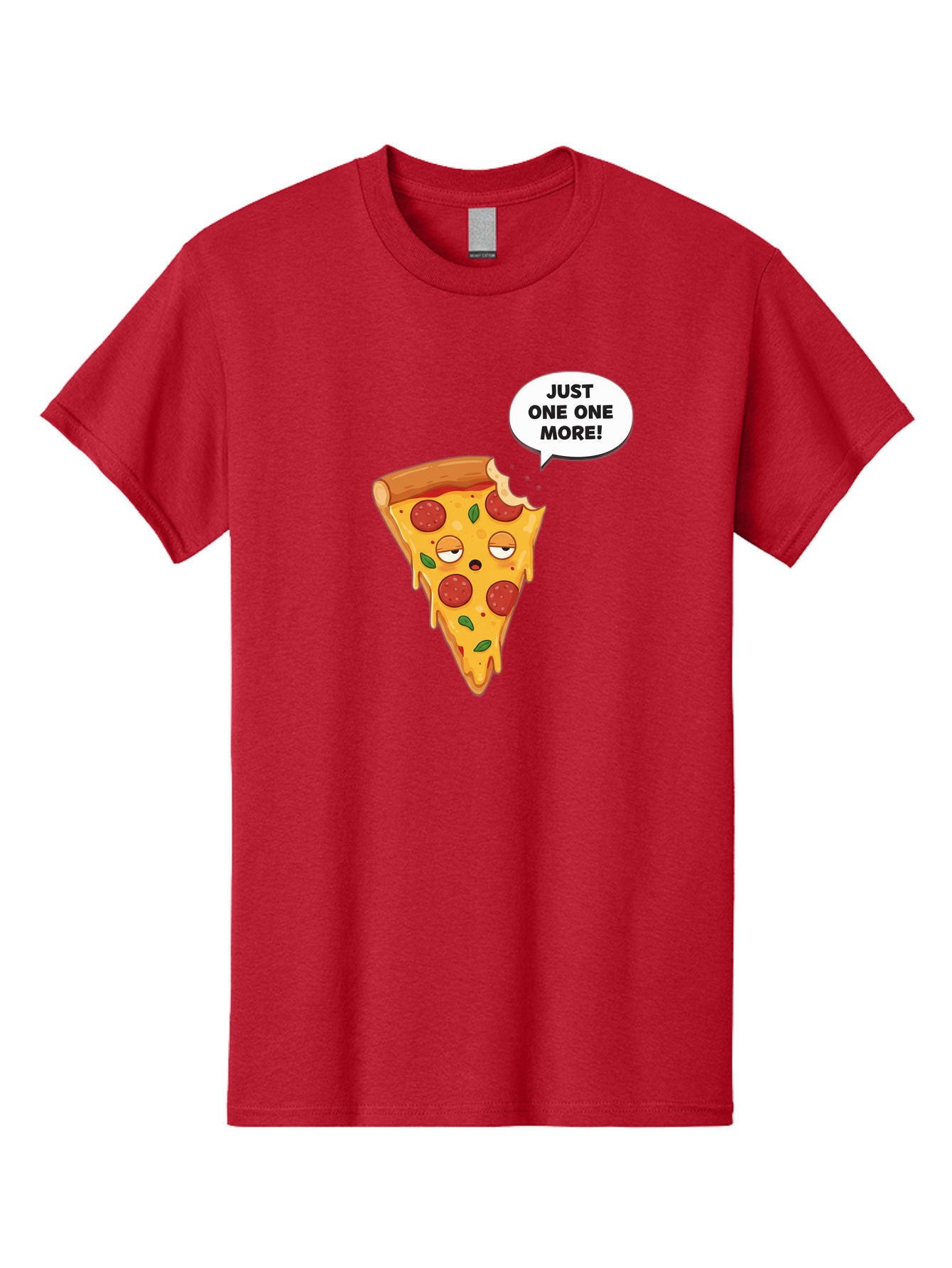 Just-One-One-More Men'S Graphic Tee, 100% Cotton, Comfortable Casual Summer Wear, Machine Washable, Cartoon Pizza Slice, Winking Face, Speech Bubble, Just One More, Pepperoni Pizza, Tempting Food, Cheesy Goodness, Indulgent Treat, Bac085
