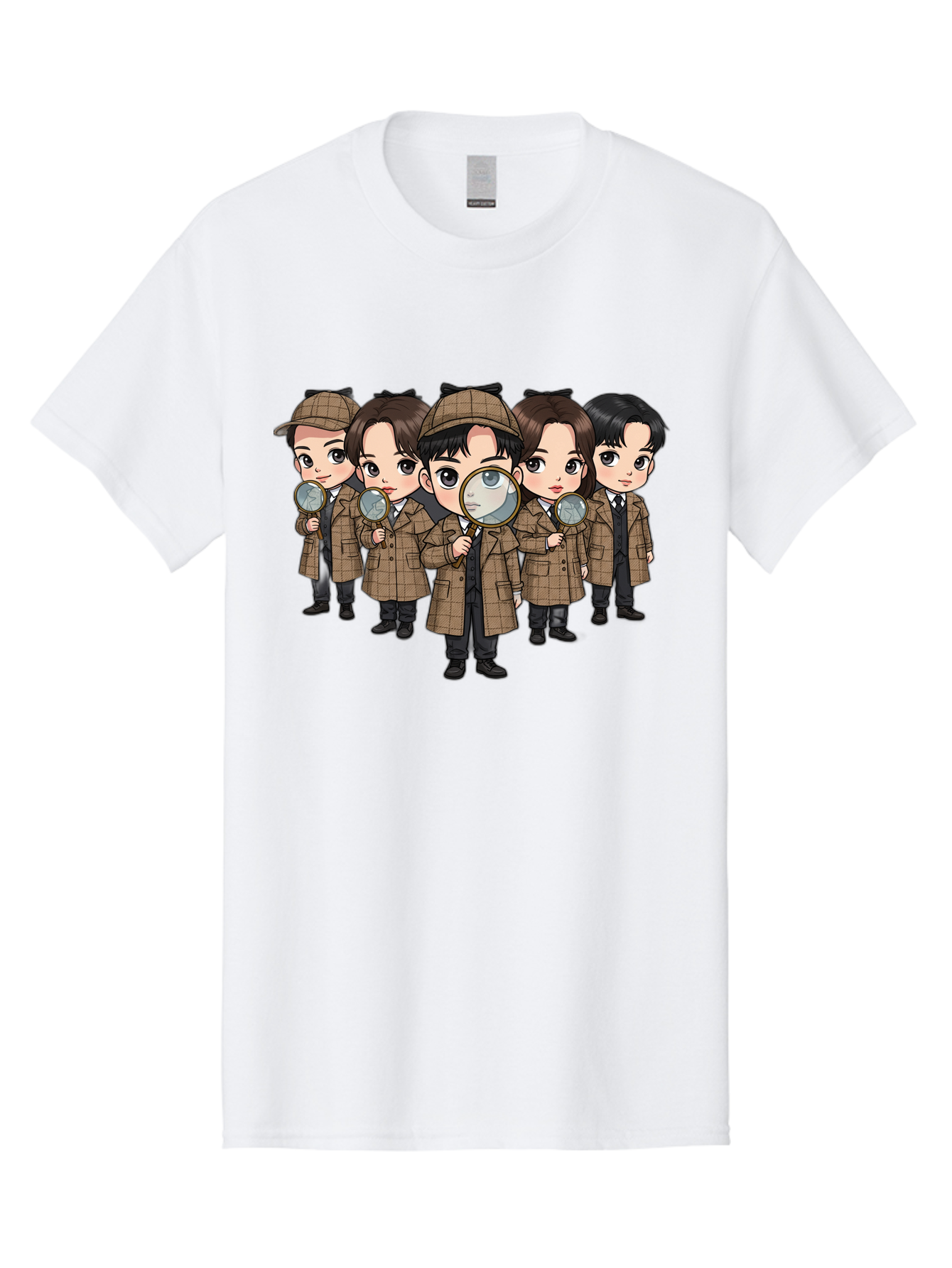 K-Drama-Detectives Men'S Graphic Tee, 100% Cotton, Comfortable Casual Summer Wear, Machine Washable, Cartoon Detectives, Sherlock Holmes, Magnifying Glass, Detective Work, Mystery Solving, Crime Investigation, Detective Hat, Trench Coat, Bac086