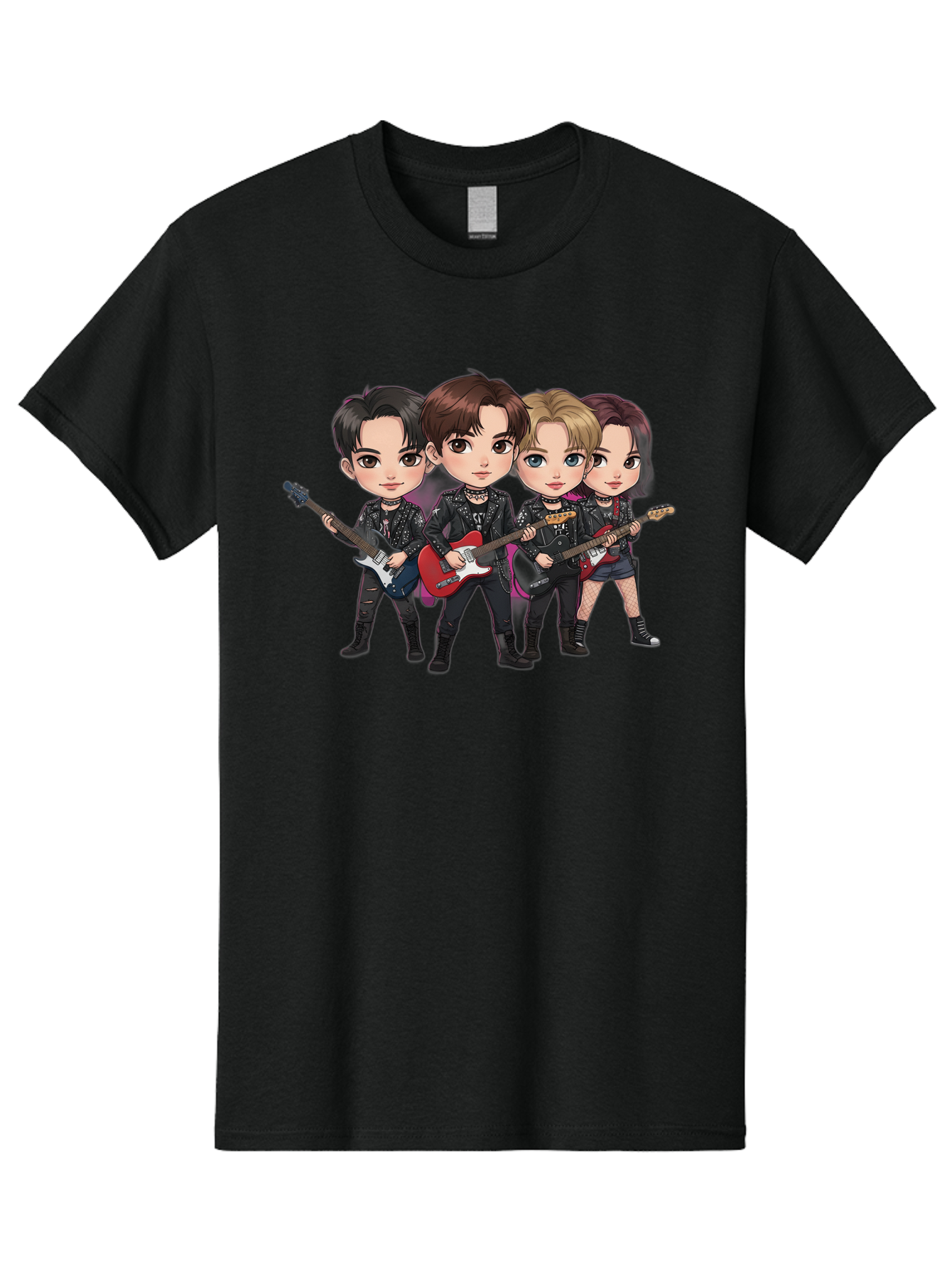 K-Pop-Band Men'S Graphic Tee, 100% Cotton, Comfortable Casual Summer Wear, Machine Washable, Cartoon Rock Band, Four Members, Guitars, Black Outfits, Rock Music, Band Performance, Chibi Style, Youthful Energy, Black Hair, Brown Hair, Bac087