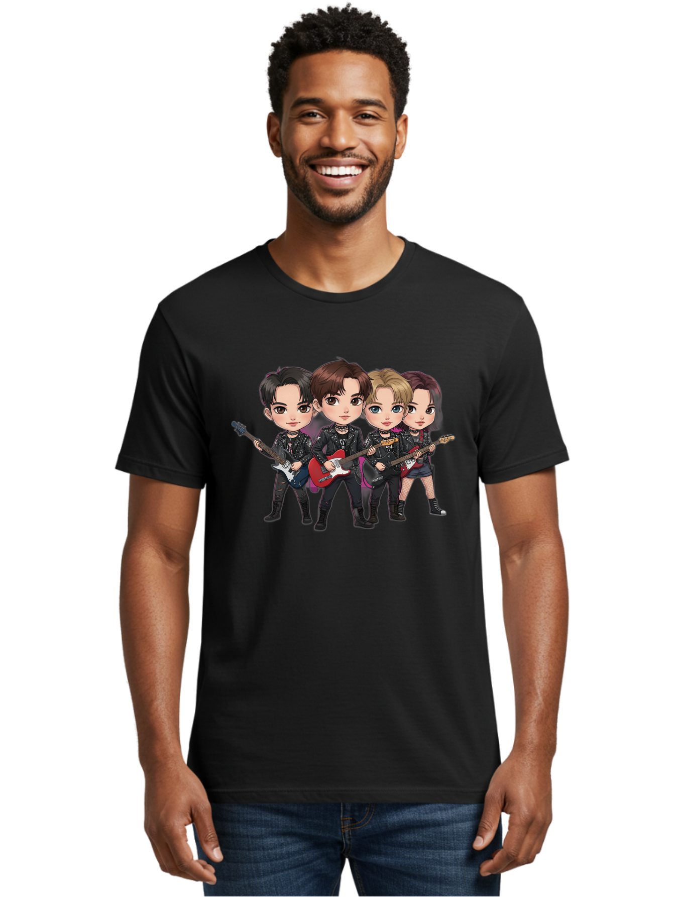K-Pop-Band Men'S Graphic Tee, 100% Cotton, Comfortable Casual Summer Wear, Machine Washable, Cartoon Rock Band, Four Members, Guitars, Black Outfits, Rock Music, Band Performance, Chibi Style, Youthful Energy, Black Hair, Brown Hair, Bac087