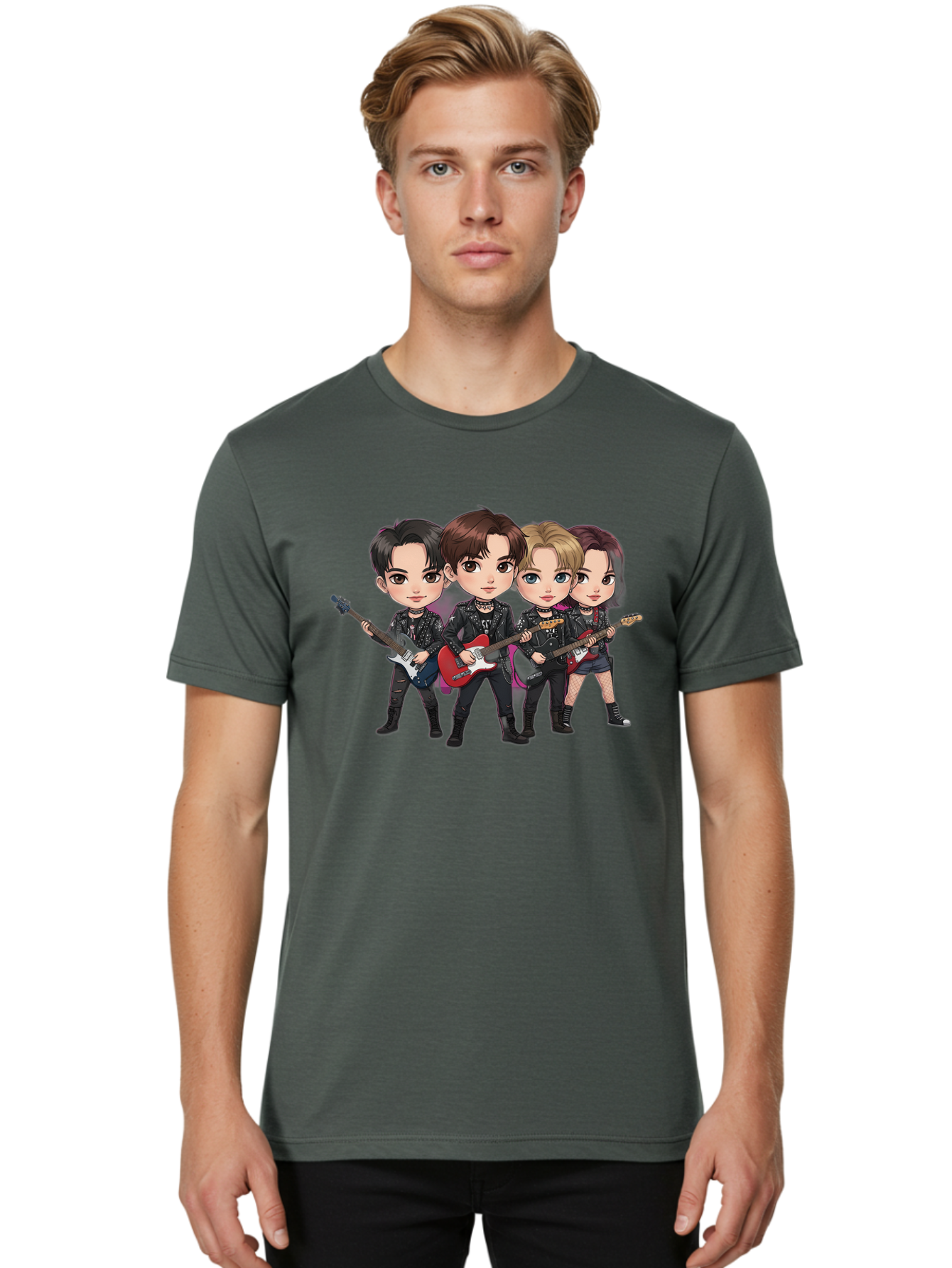 K-Pop-Band Men'S Graphic Tee, 100% Cotton, Comfortable Casual Summer Wear, Machine Washable, Cartoon Rock Band, Four Members, Guitars, Black Outfits, Rock Music, Band Performance, Chibi Style, Youthful Energy, Black Hair, Brown Hair, Bac087