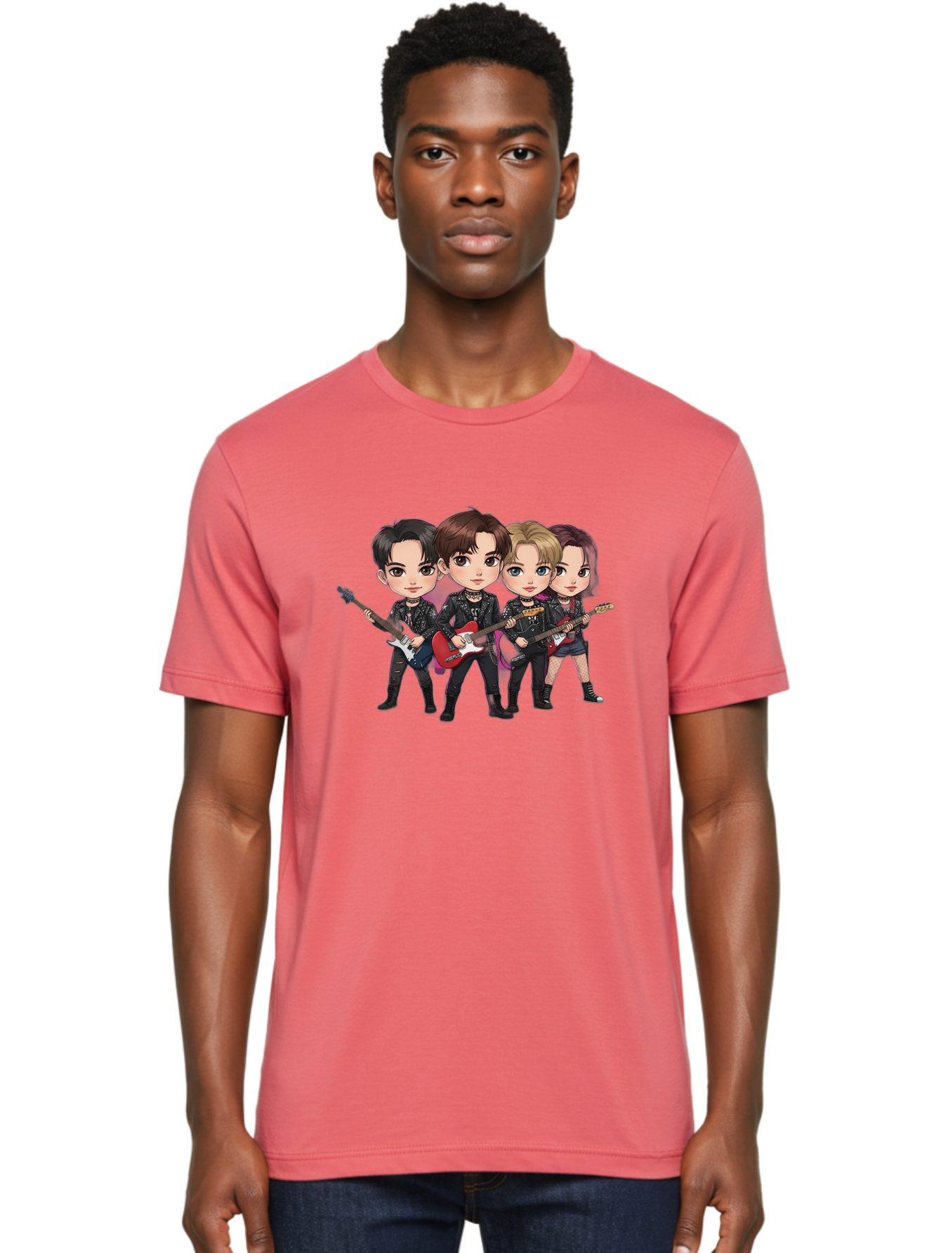 K-Pop-Band Men'S Graphic Tee, 100% Cotton, Comfortable Casual Summer Wear, Machine Washable, Cartoon Rock Band, Four Members, Guitars, Black Outfits, Rock Music, Band Performance, Chibi Style, Youthful Energy, Black Hair, Brown Hair, Bac087