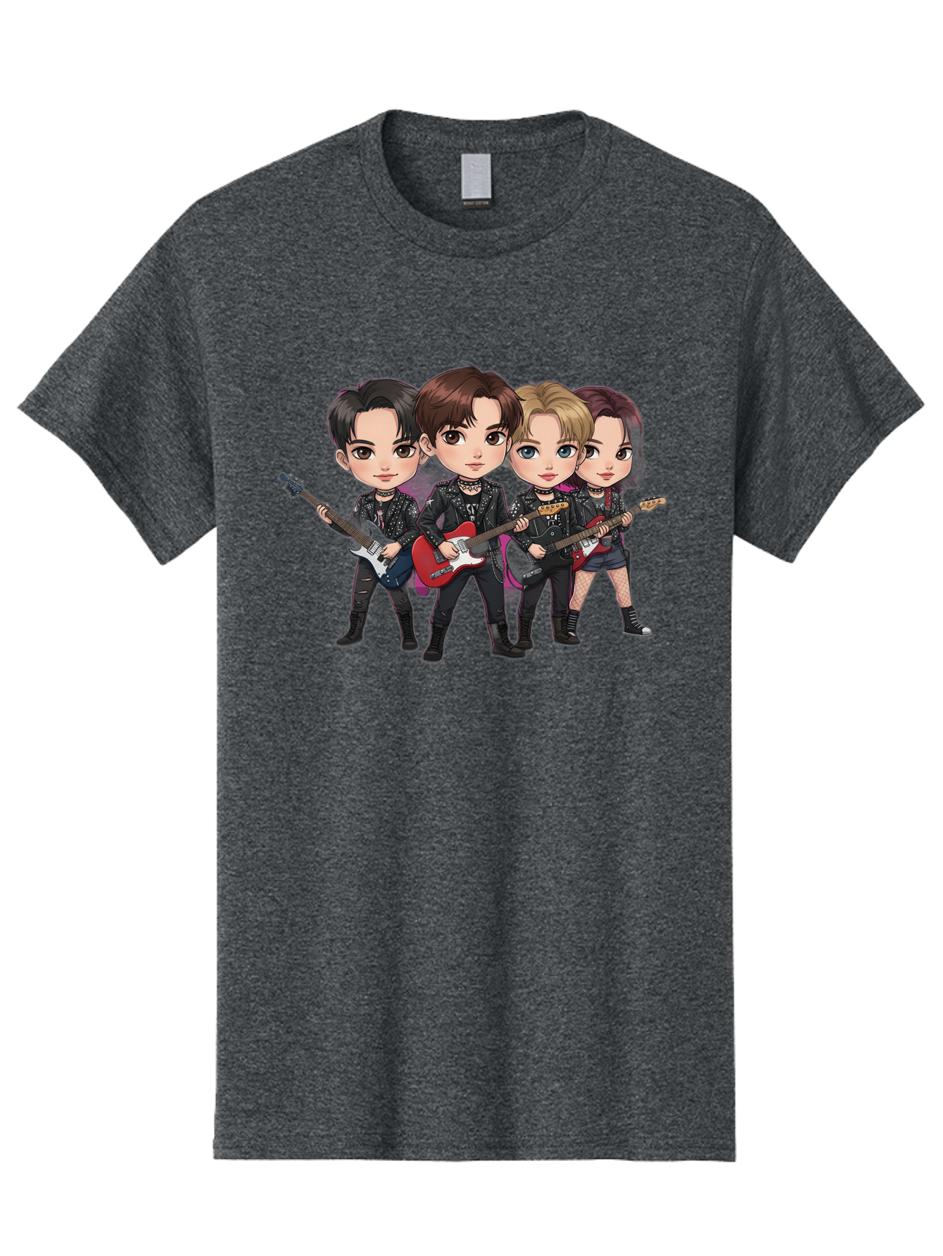 K-Pop-Band Men'S Graphic Tee, 100% Cotton, Comfortable Casual Summer Wear, Machine Washable, Cartoon Rock Band, Four Members, Guitars, Black Outfits, Rock Music, Band Performance, Chibi Style, Youthful Energy, Black Hair, Brown Hair, Bac087